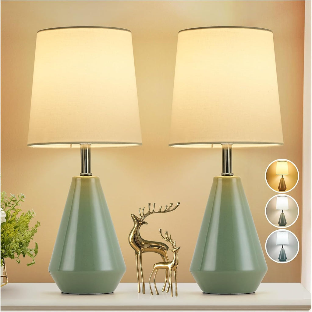 Small Bedside Table Lamp for Bedroom-Reading Desk Lamp Set of 2, with 3 Color Temperatures,15.5" Nightstand Ceramic Lamp with Fabric Shade…