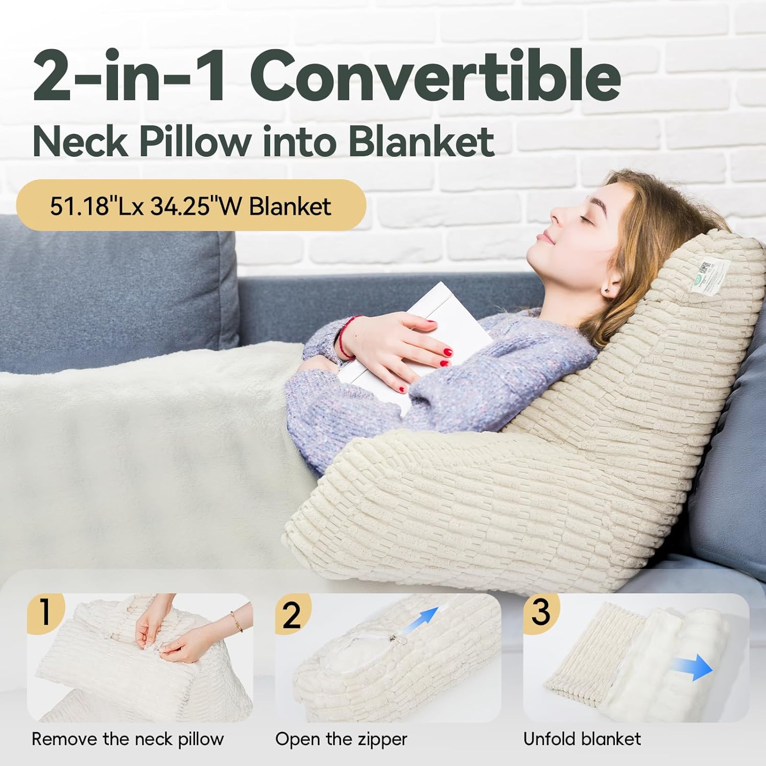 Luisof 24" Large Reading Pillow with Detachable Neck Roll for Sitting in Bed Adult, Back Pillow with Blanket for Couch Bed Rest, Reading, W…