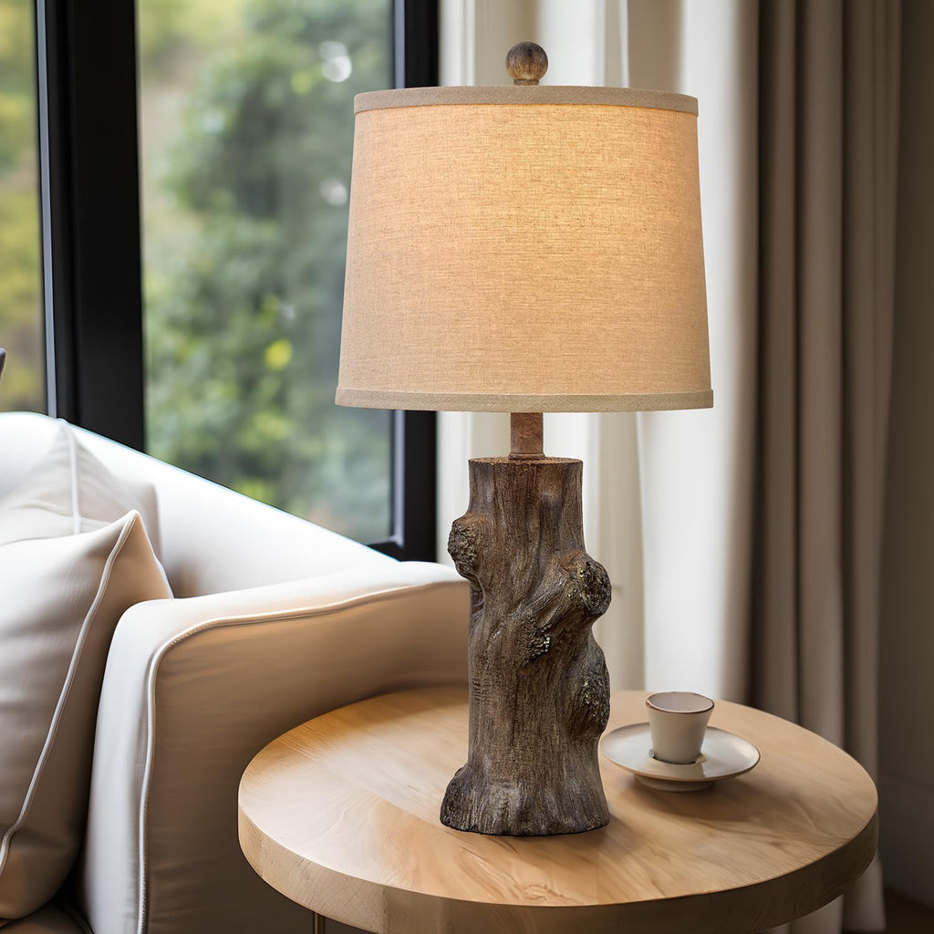 OYEARS 23"Resin Table Lamps for Living Room Set of 2 Country Cottage Farmhouse Lamp for Bedroom Tree Trunk Wood Grain with Oatmeal Fabric…
