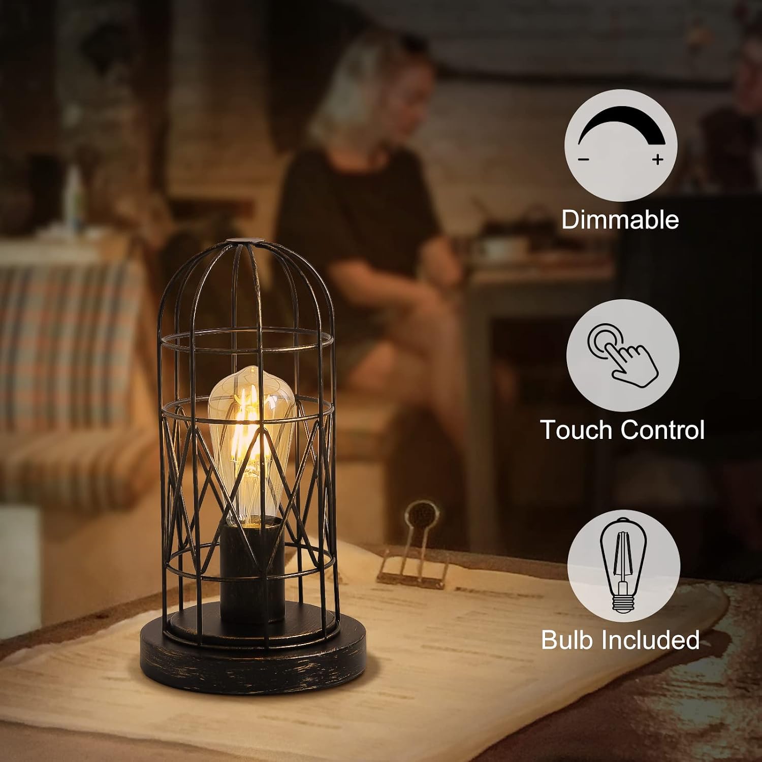 Industrial Table Lamp, Small Touch Lamp with Rustic Cage Vintage Bedside Lamp 3 Way Dimmable Nightstand Lamp Edison Desk Lamp for…