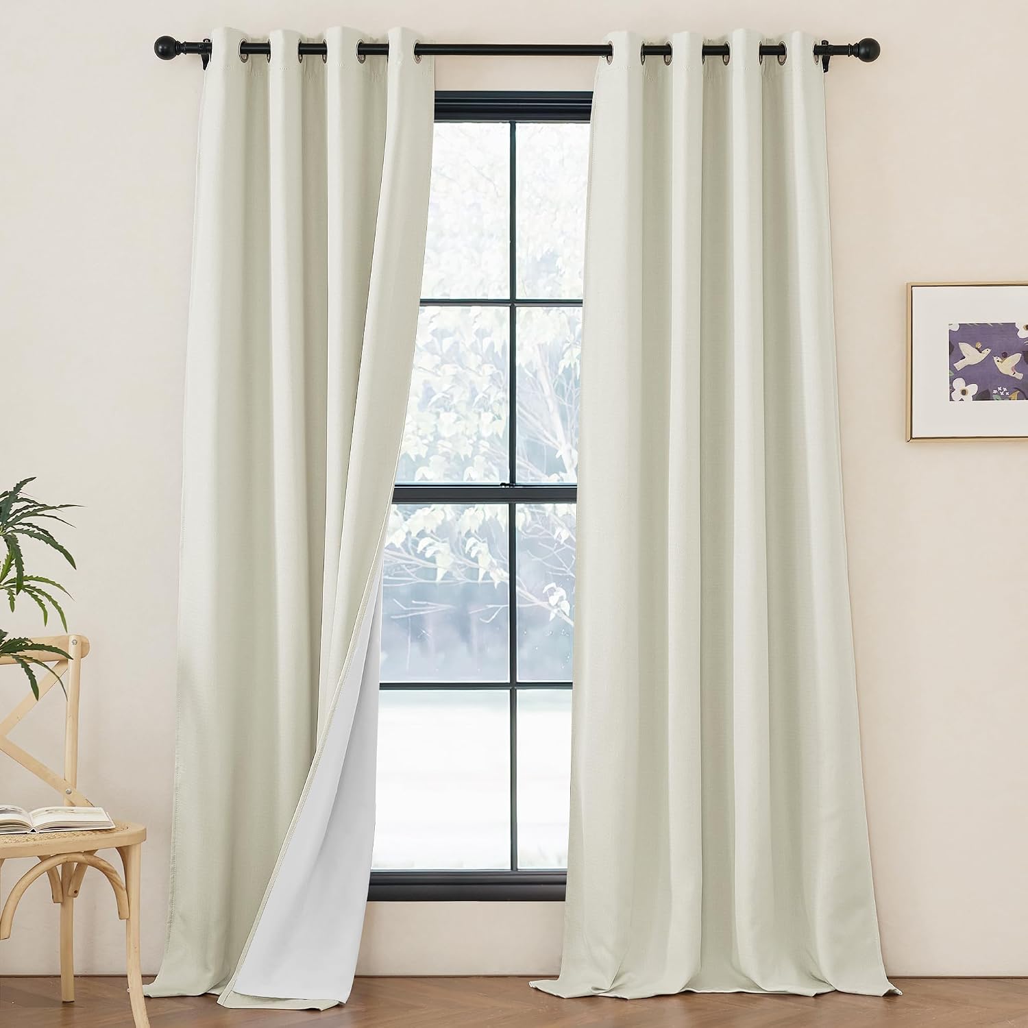 Nicetown Faux Linen 100% Blackout Living Room Curtains 96 inches Long, Silver Grommet 2 Layers Window Treatment with White Liner Thermal Cu…