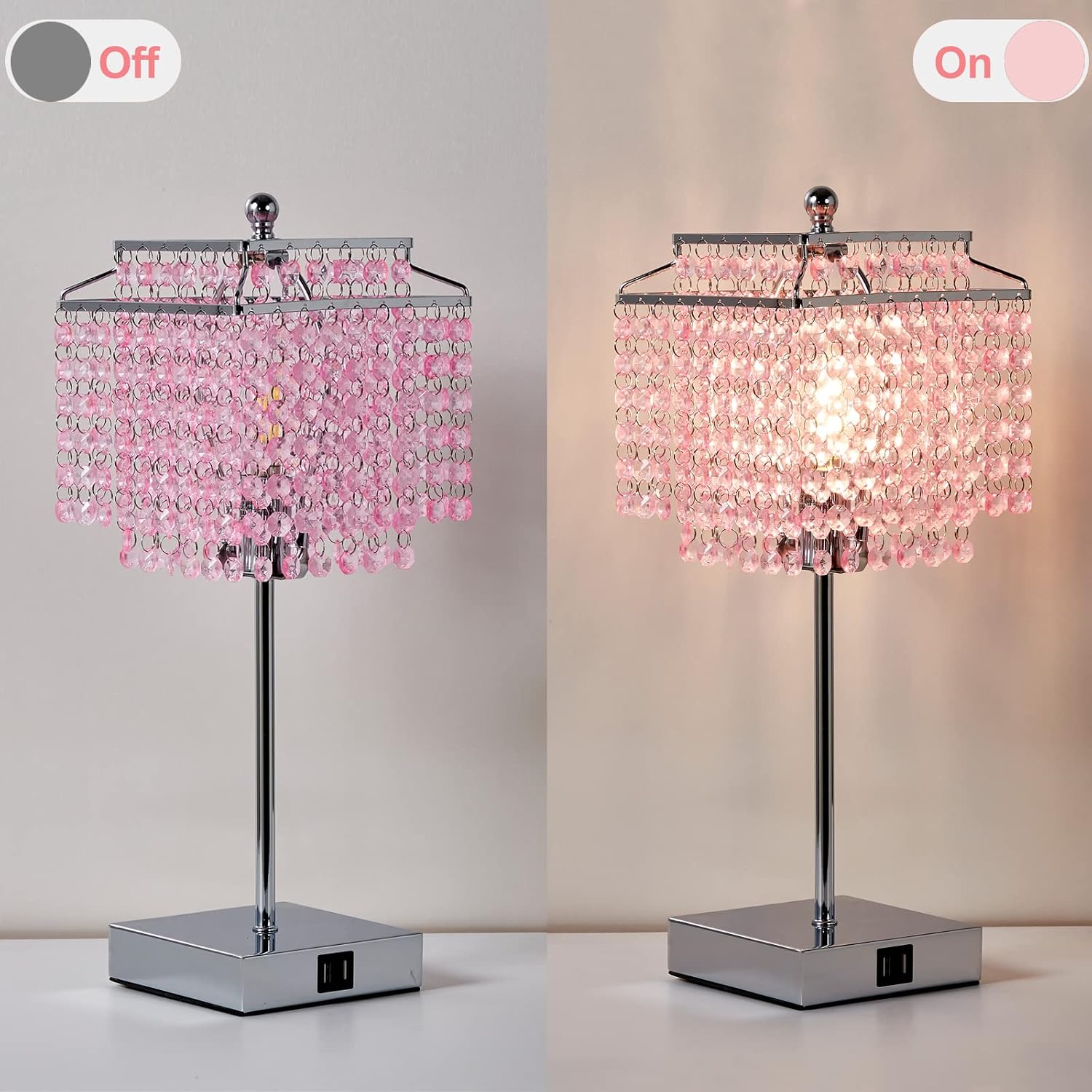 Luvkczc Crystal Touch Table Lamp, Bedside Lamp with USB C+A Ports, Pink Lamp, Dimmable Lamp with Crystal Shade, Nightstand Lamp for Girl…