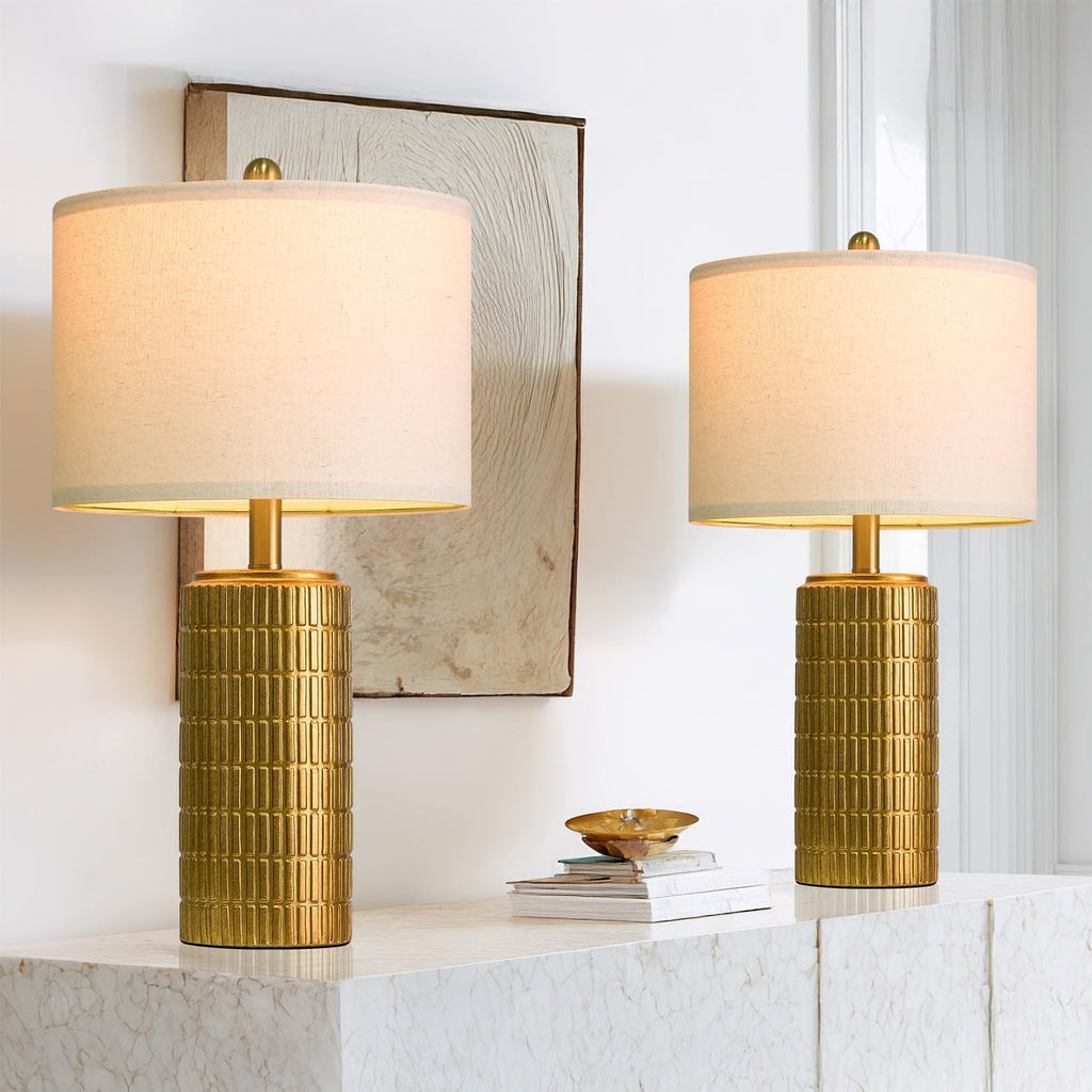 PoKat 23" Brass Gold Ceramic Table Lamps for Living Room, Retro Warm Gold Lamps for Night Stands, Vintage Bronze Decorative Lamps for…
