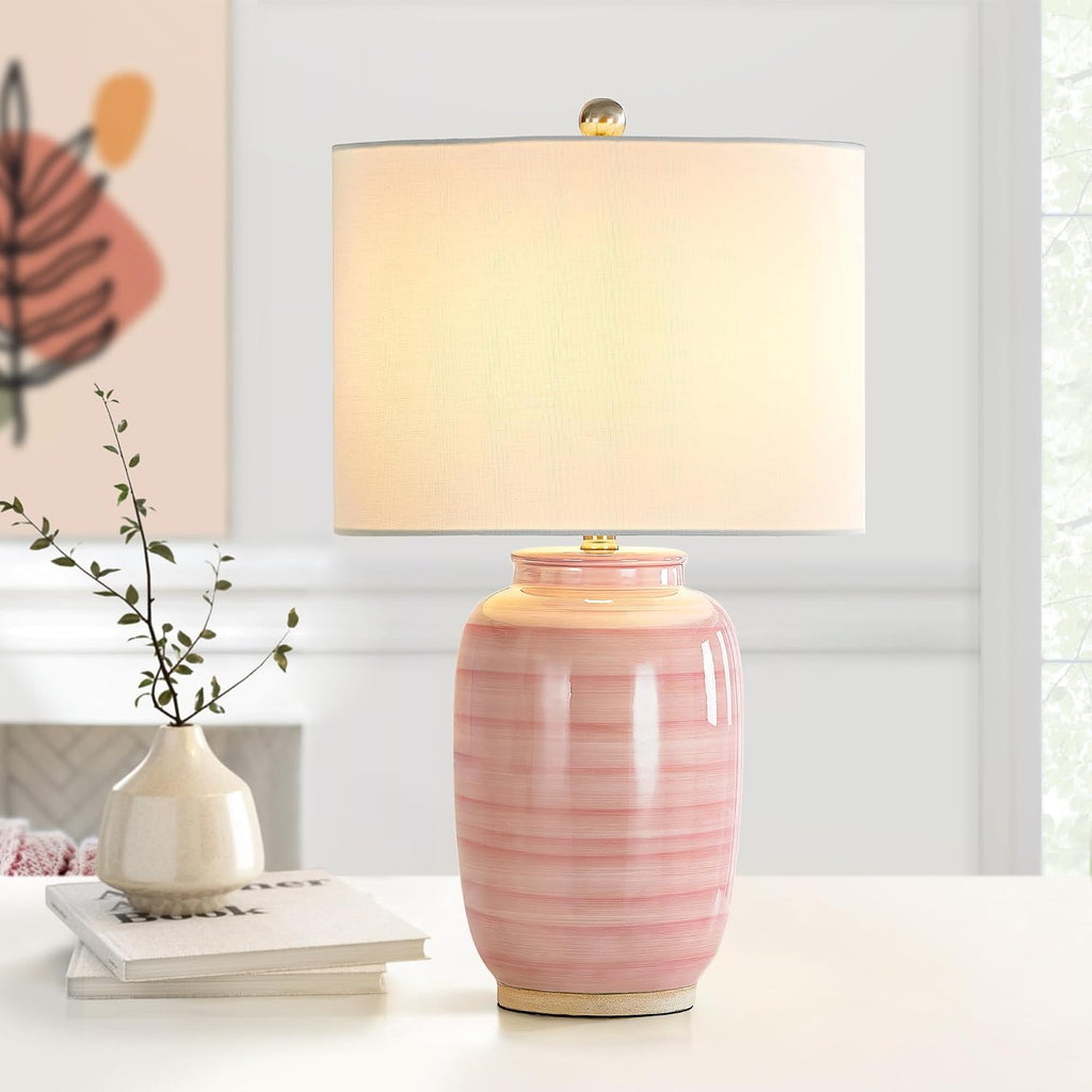 Maxax 25" Pink Ceramic Table Lamp for Living Room, Modern Ceramic Bedside Lamp for Bedroom, End Table Lamp with White Farice for…