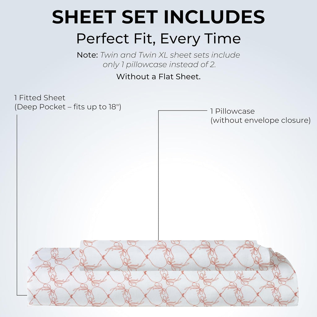 Twin Fitted Sheet with 18" Deep Pockets, No Flat - Percale Weave Natural - Breathable 100% Cotton Printed Bedding, 1 Fitted Sheet + 1…