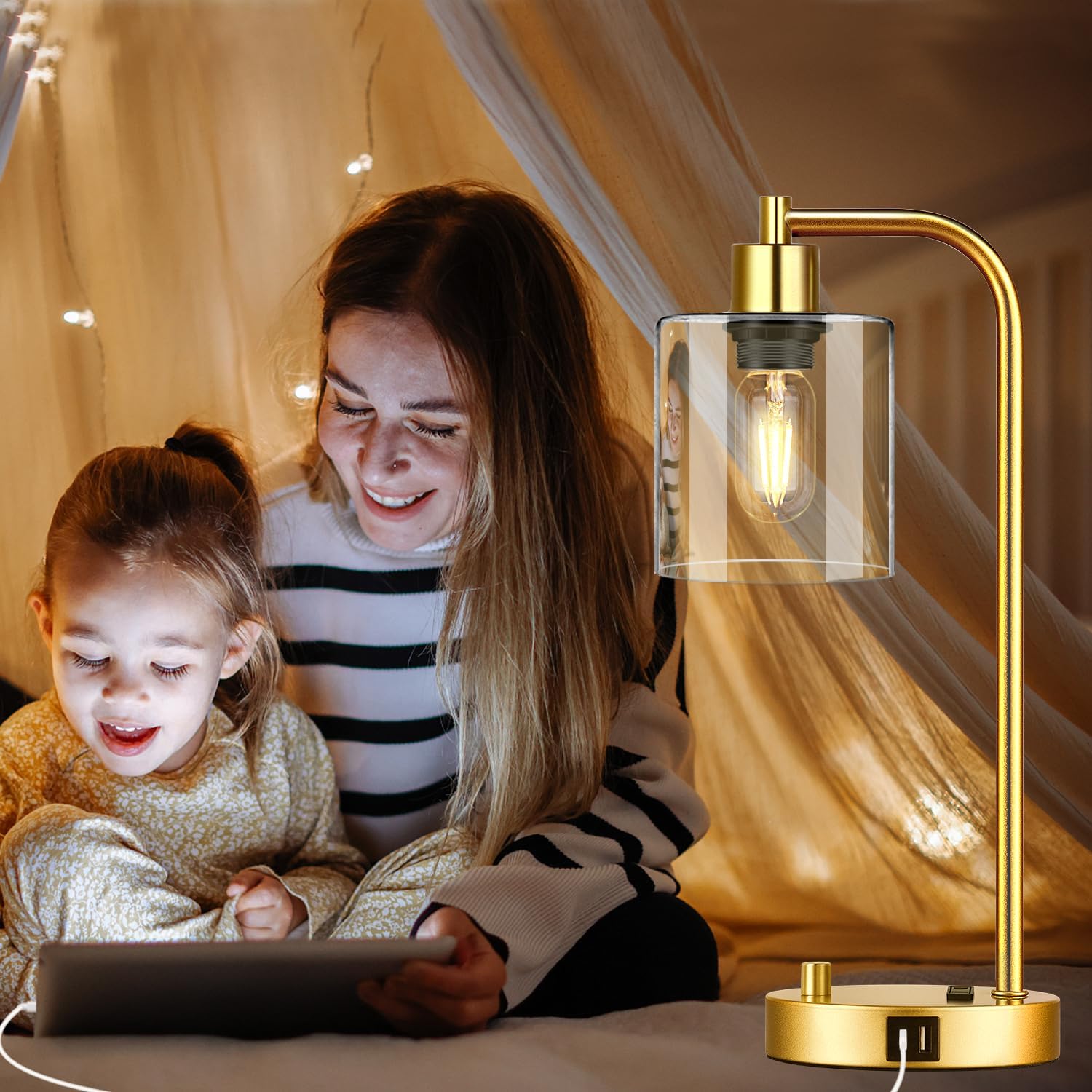 Lynnoland Set of 2 Industrial Table Lamps with USB Port, Gold Fully Stepless Dimmable Bedside Lamps for bedrooms, Nightstand Desk Lamp…
