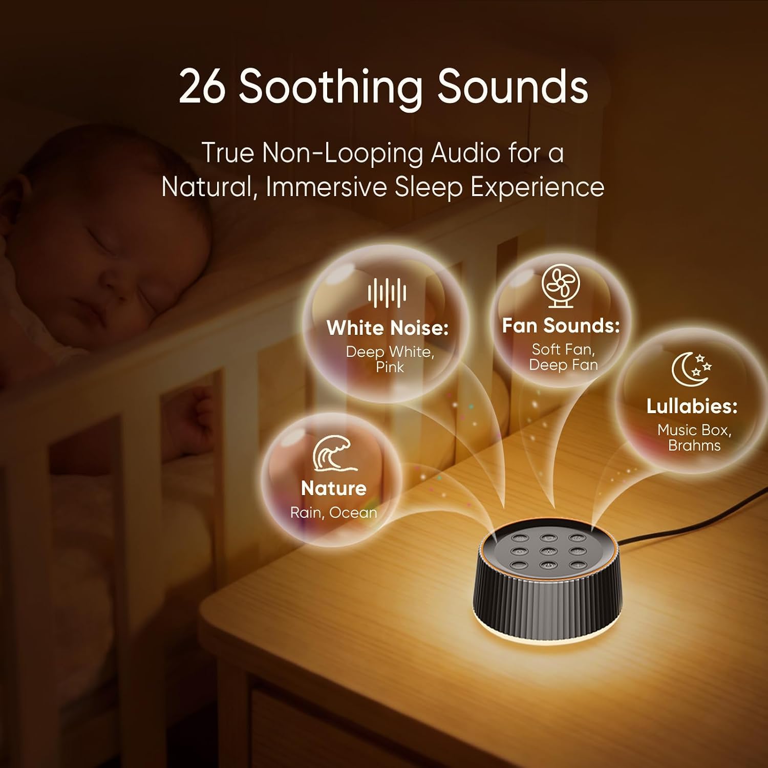 Kipcush® Noise Machine, White Noise Sound Machine for Baby & Adults, 26 Soothing Sounds, 8 Night Light Colors, Tap Control