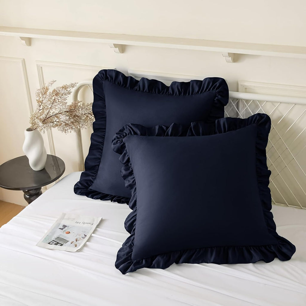 KKJIAF Ruffle Pillow Cases 22x22 Inches, Navy Blue Square Ruffled Pillow Covers Set of 2, Microfiber Wrinkle Resistant Pillow Shams with…