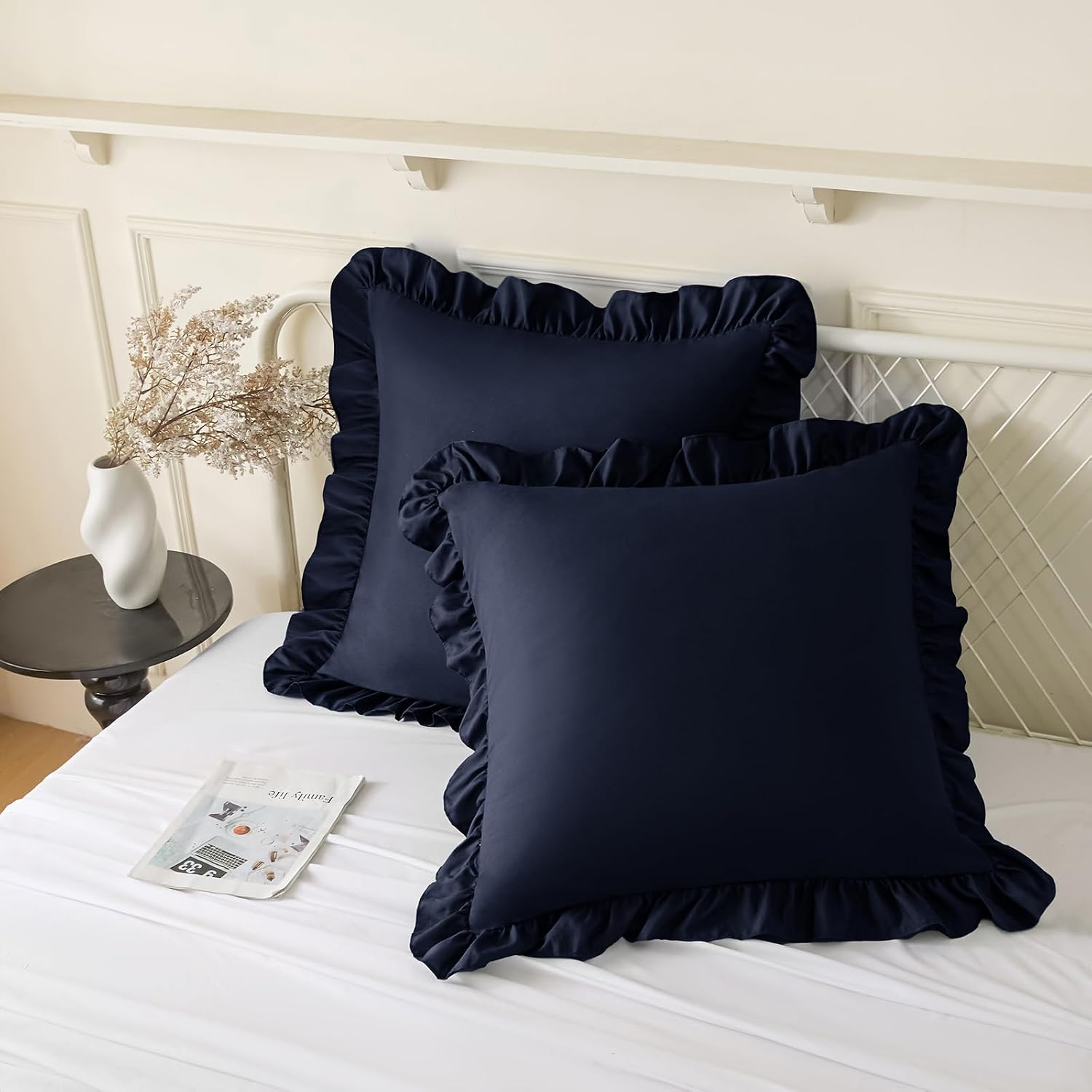 KKJIAF Ruffle Pillow Cases 22x22 Inches, Navy Blue Square Ruffled Pillow Covers Set of 2, Microfiber Wrinkle Resistant Pillow Shams with…