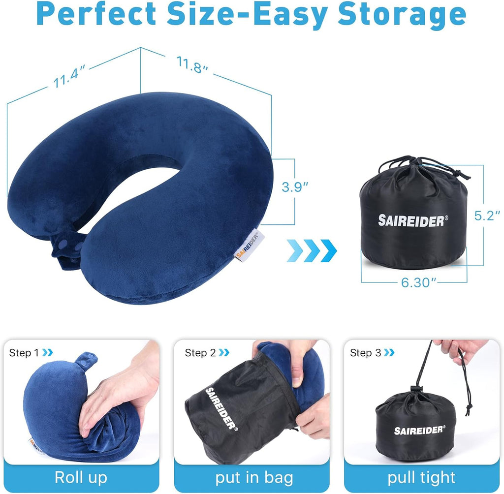 Saireider Neck Pillows for Travel-Head Neck Support Travel Pillow for Traveling, Car, Home, Office Adjustable with Storage Bag (Navy Blue)…