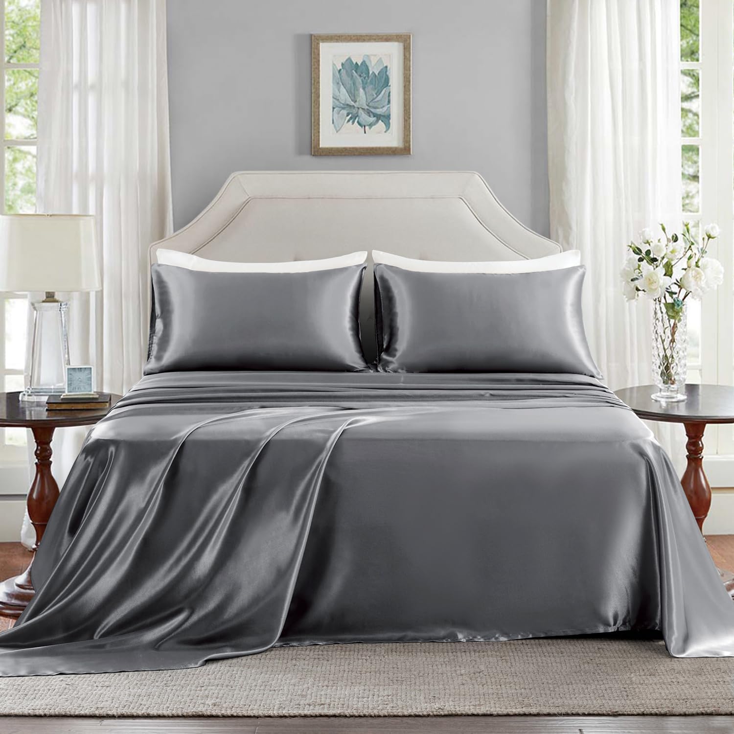 Golal Satin Sheets King Size - 4 Pieces Luxury Silky Soft Bed Sheets, Wrinkle-Free Dark Grey Satin Silk Sheet Set with 1 Deep Pocket Fitted…