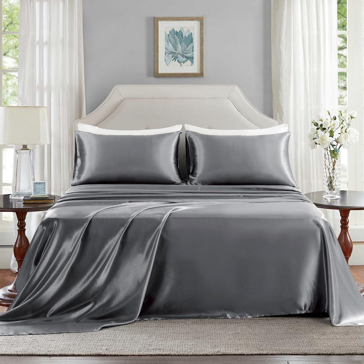 Golal Satin Sheets California King Size - 4 Pieces Luxury Silky Soft Bed Sheets, Wrinkle-Free Dark Grey Satin Silk Sheet Set with 1 Deep Po…