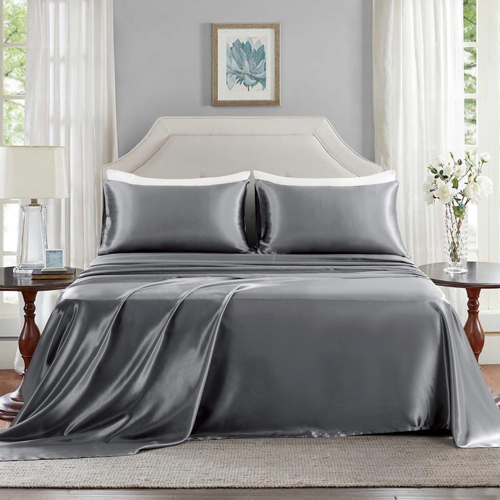 Golal Satin Sheets Queen Size - 4 Pieces Luxury Silky Soft Bed Sheets, Wrinkle-Free Dark Grey Satin Silk Sheet Set with 1 Deep Pocket Fitte…