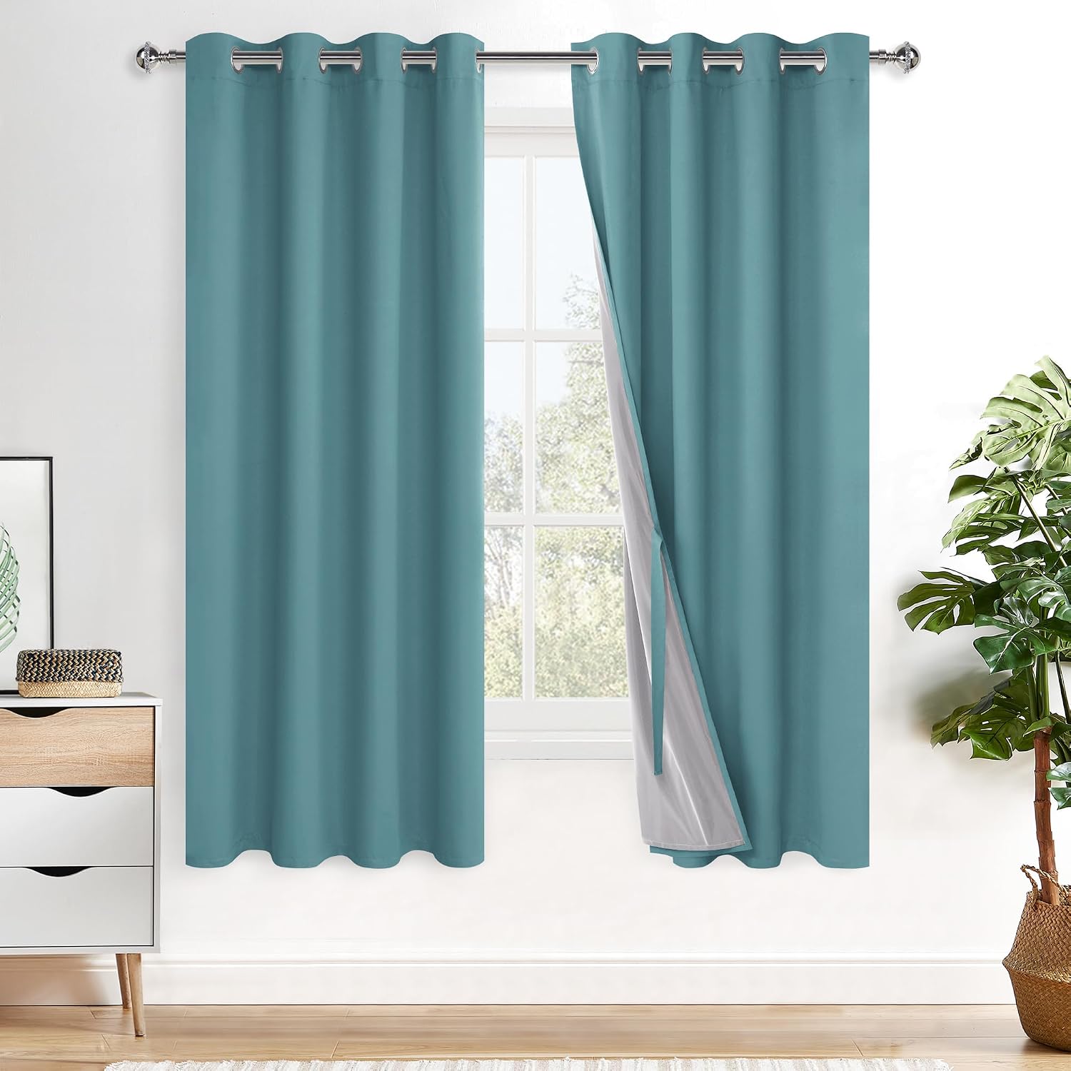 Xwzo 100% Blackout Curtains 2 Panels with Tiebacks- Heat and Full Light Blocking Window Treatment with Black Liner for Bedroom/Nursery, Gro…