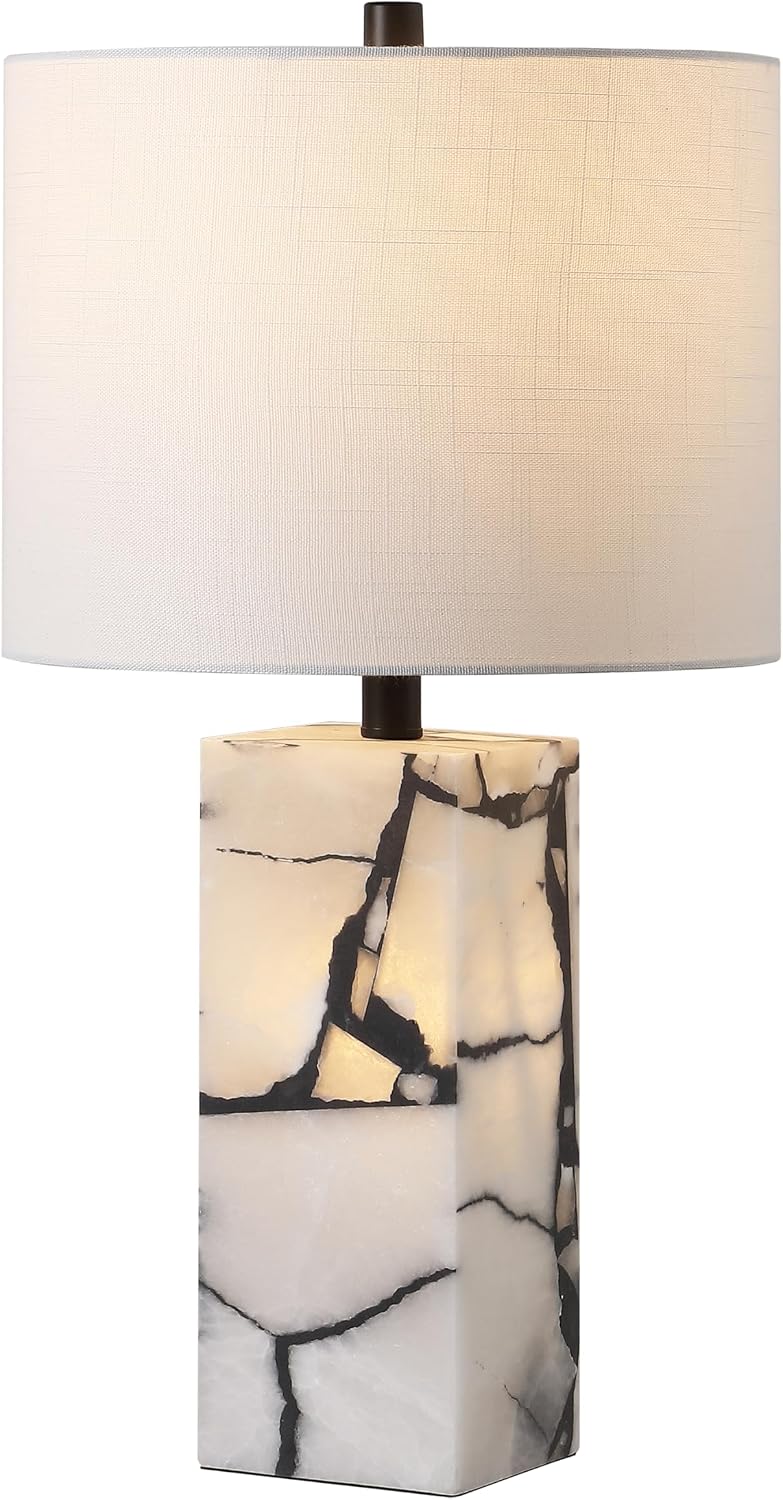 Jonathany JONATHAN Y 24.25" Black/White Modern Alabaster LED Table Lamp for Home Decor, White Linen Shade, Coastal Nightstand Lamp with Bui…