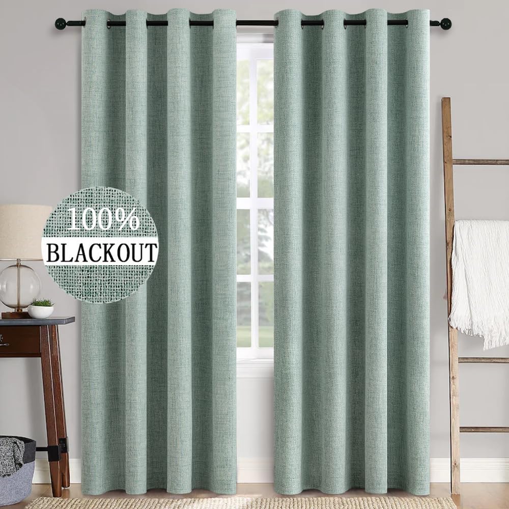Miulee Linen Texture 90 Inches Curtains for Bedroom 100% Blackout Thermal Insulated Seafoam Green Curtains Grommet Room Darkening Drapes fo…