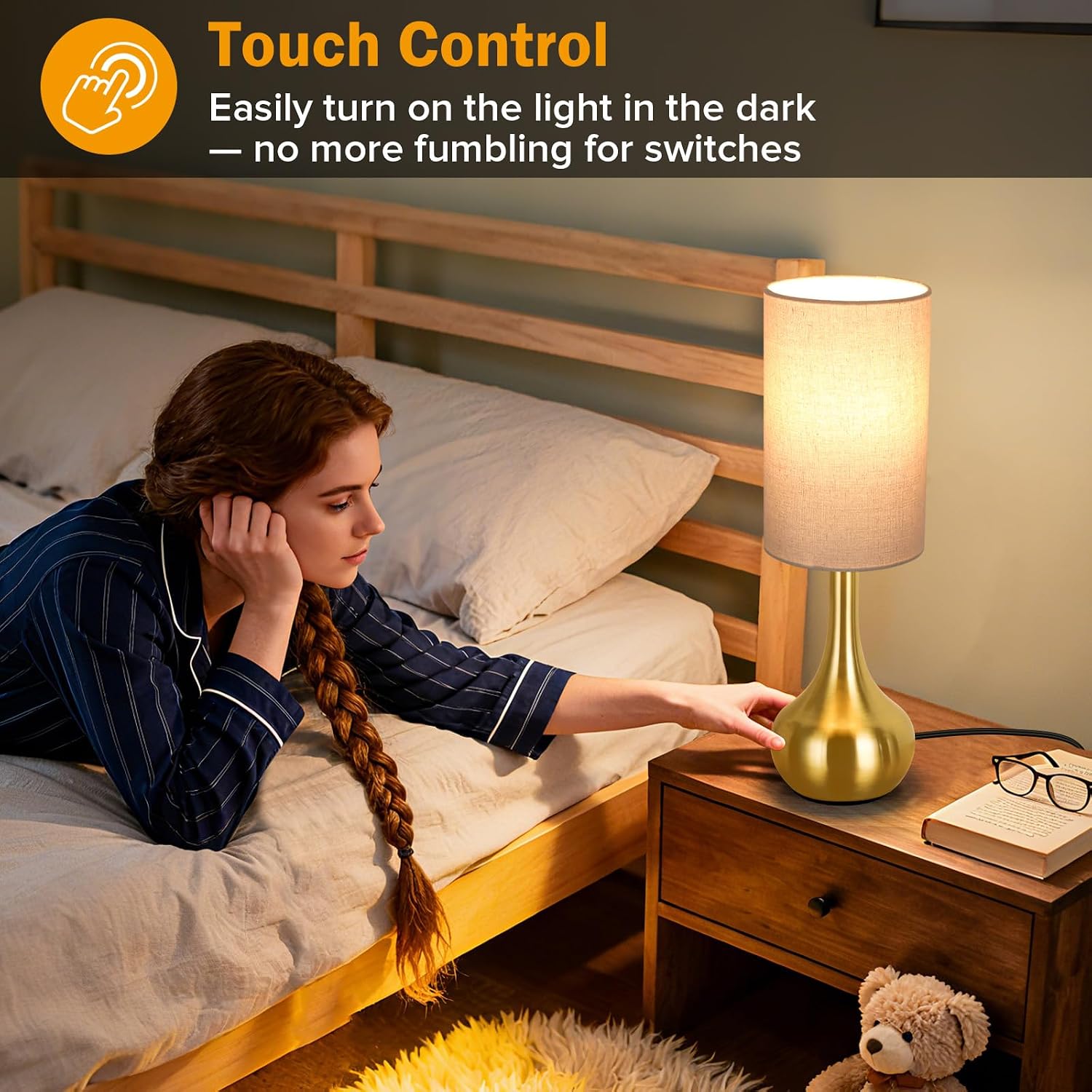 Ledikon Touch Gold Table Lamp for Nightstand, 3-Way Dimmable, Space Saving & No Assembly Required, Upgraded Small Bedside Lamp for Bedroom,…
