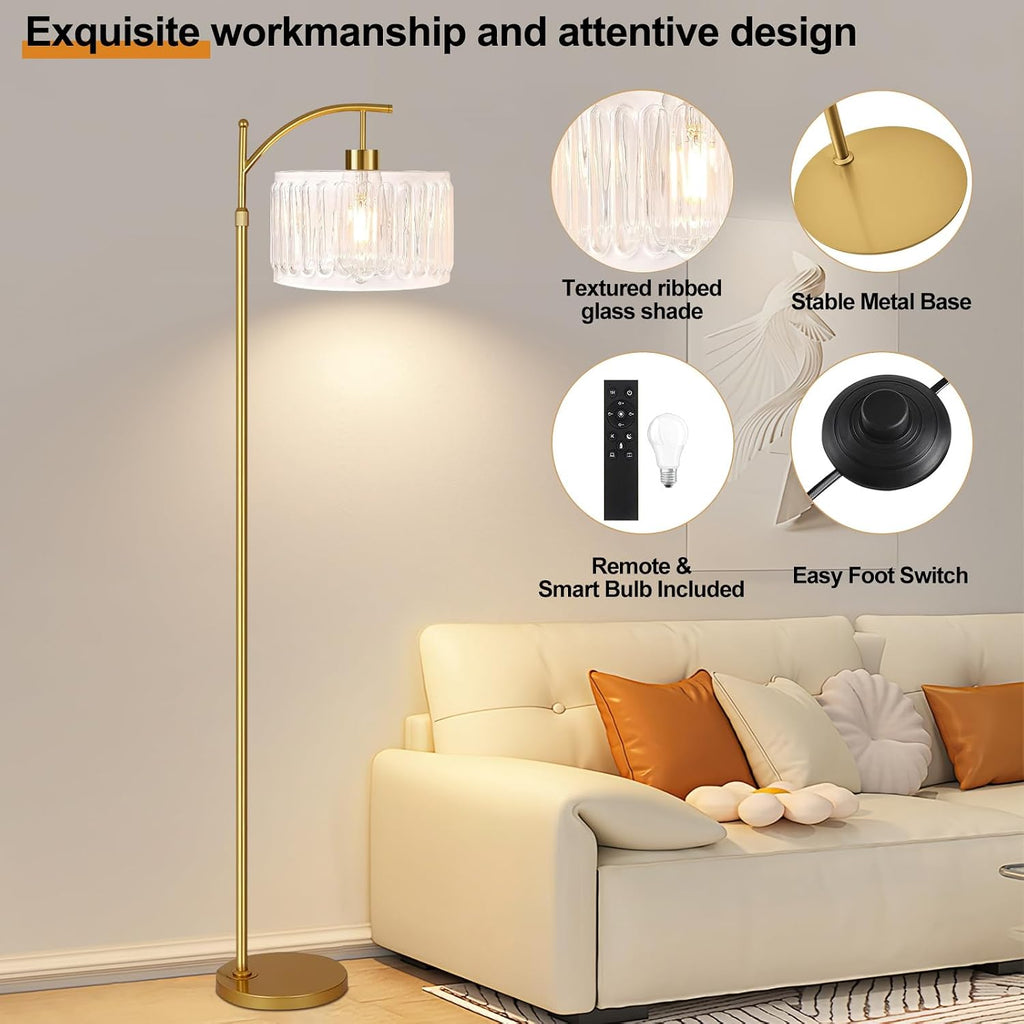 QIYIZM Glass Floor Lamp for Living Room, Bedroom, Gold Dimmable Standing Lamp with Remote, Brass White Tall Lamp Boho Mid Century Modern…