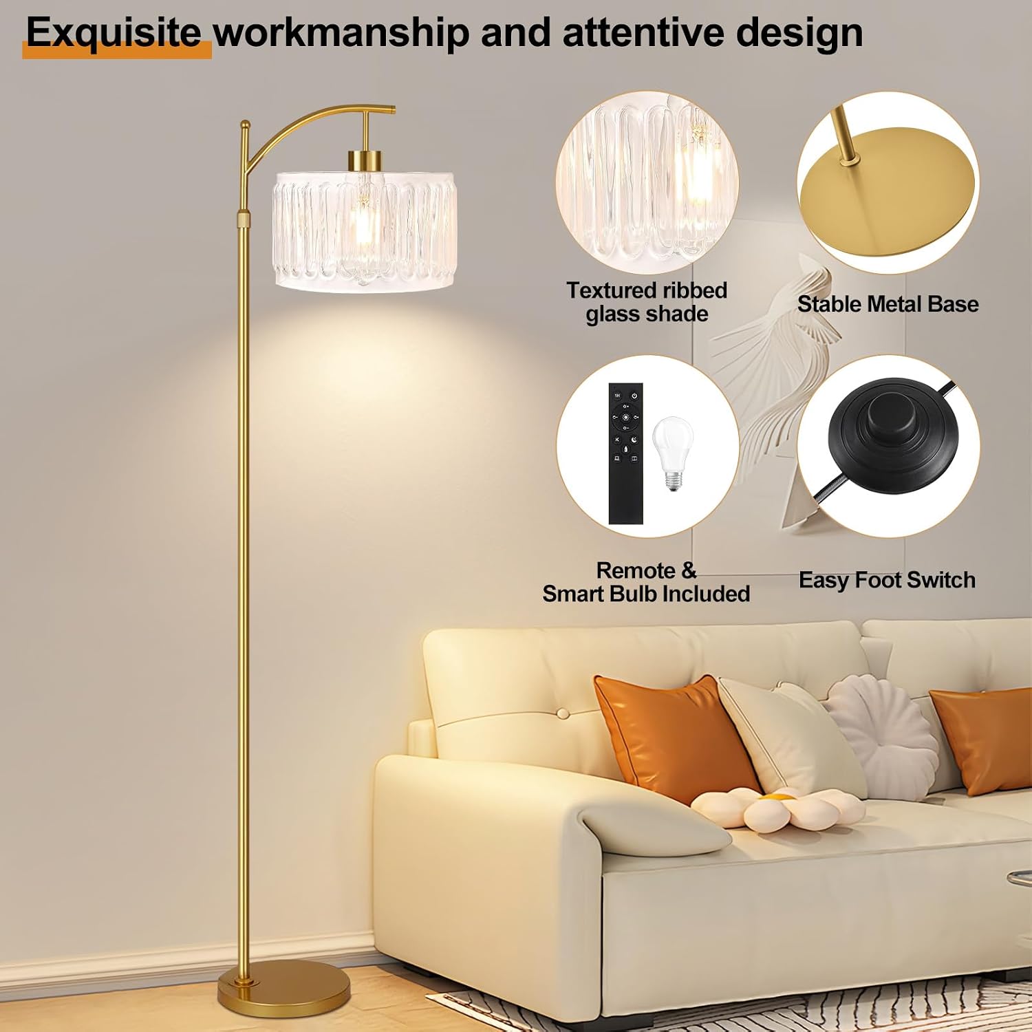 QIYIZM Glass Floor Lamp for Living Room, Bedroom, Gold Dimmable Standing Lamp with Remote, Brass White Tall Lamp Boho Mid Century Modern…