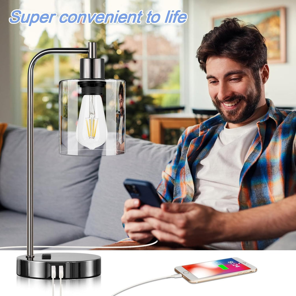 Industrial Touch Control Table Lamps Set of 2 - Black Nickel Bedside Lamps with 2 USB Ports & AC Outlet, 3-Way Dimmable Nightstand Desk…