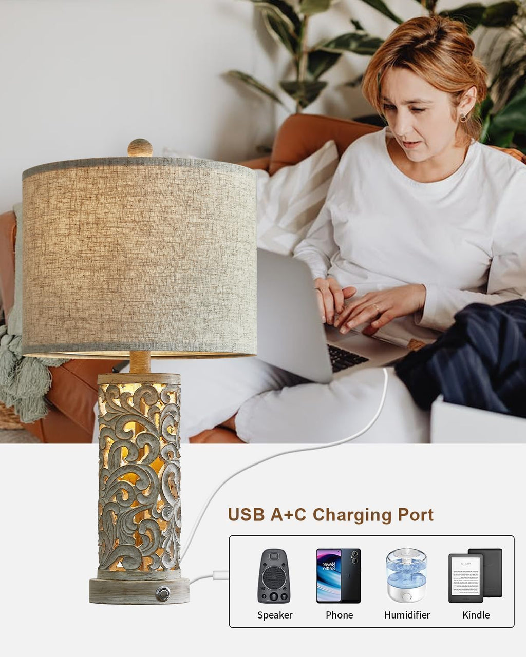OYEARS 3-Way Dimmable 22'' USB A+C Touch Control Table Lamp with Nightlight for Living Room Bedroom Farmhouse Bedside Nightstand Lamps…