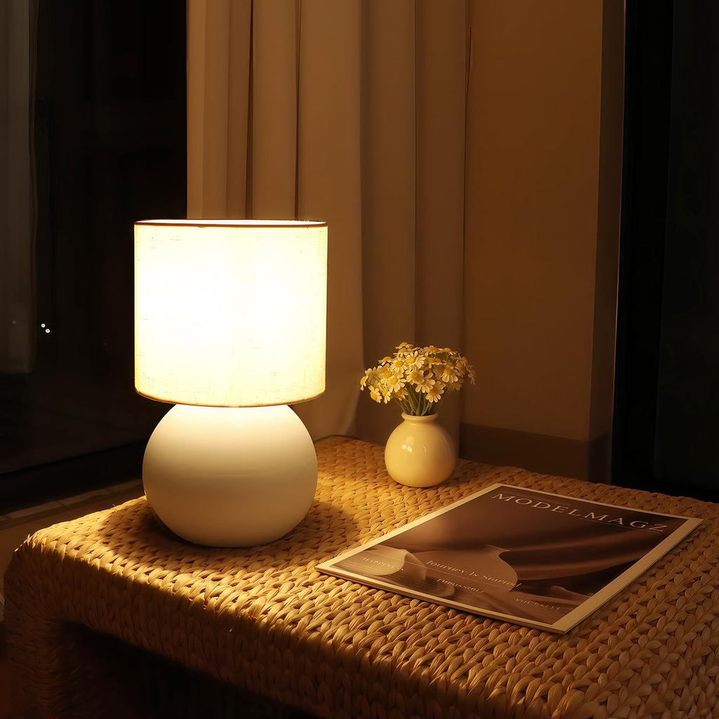Modern White Small Table Lamp with Cotton Linen Shade, 10.4-inch LED Desk Light, One-Button Switch for Bedroom, Living Room, Nightstand…