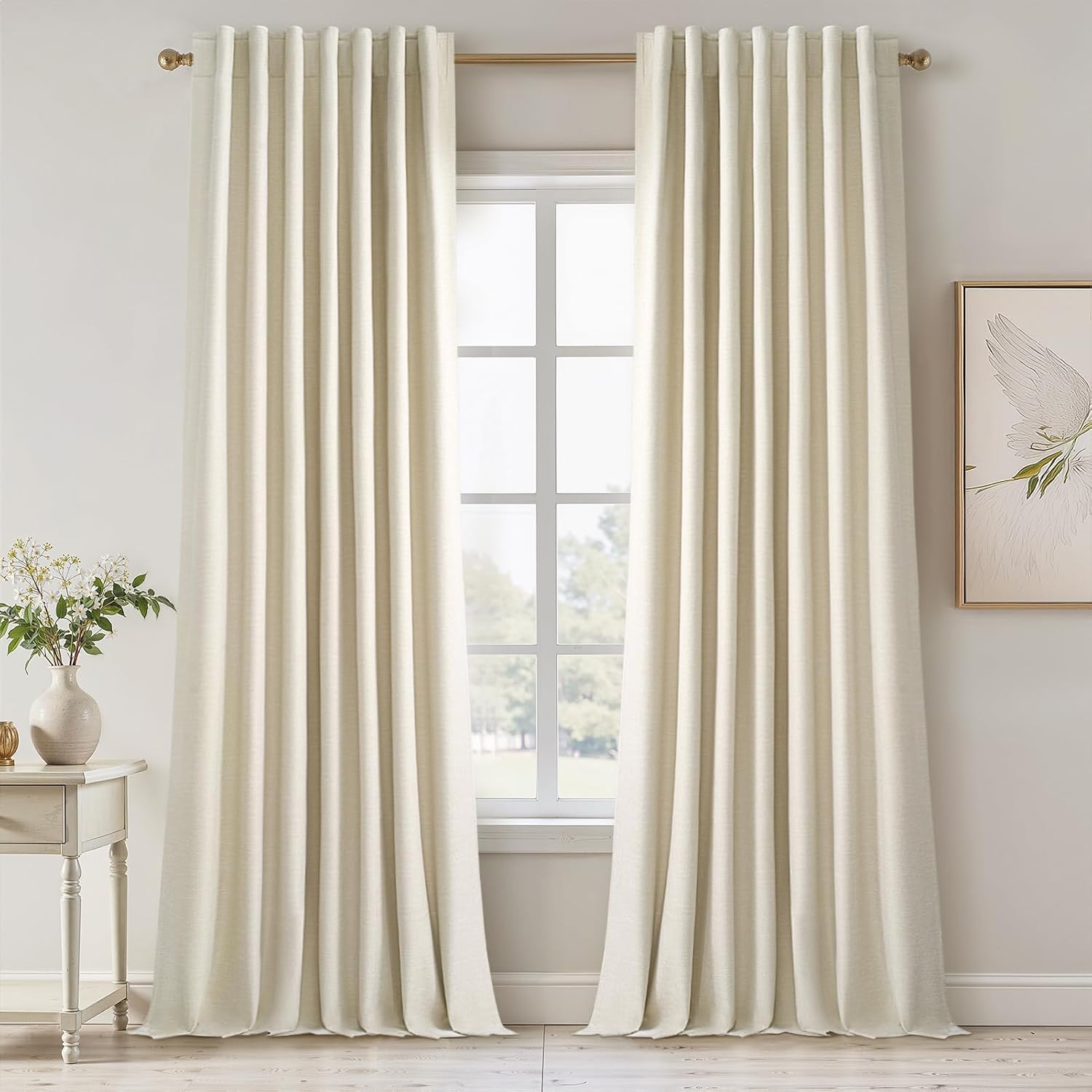 Topfinel Cream Extra Long 132 Inch 100% Blackout Curtains for Livingroom Neutral Boho Linen Blend Farmhouse Curtain Drapes Sound Proof Drap…
