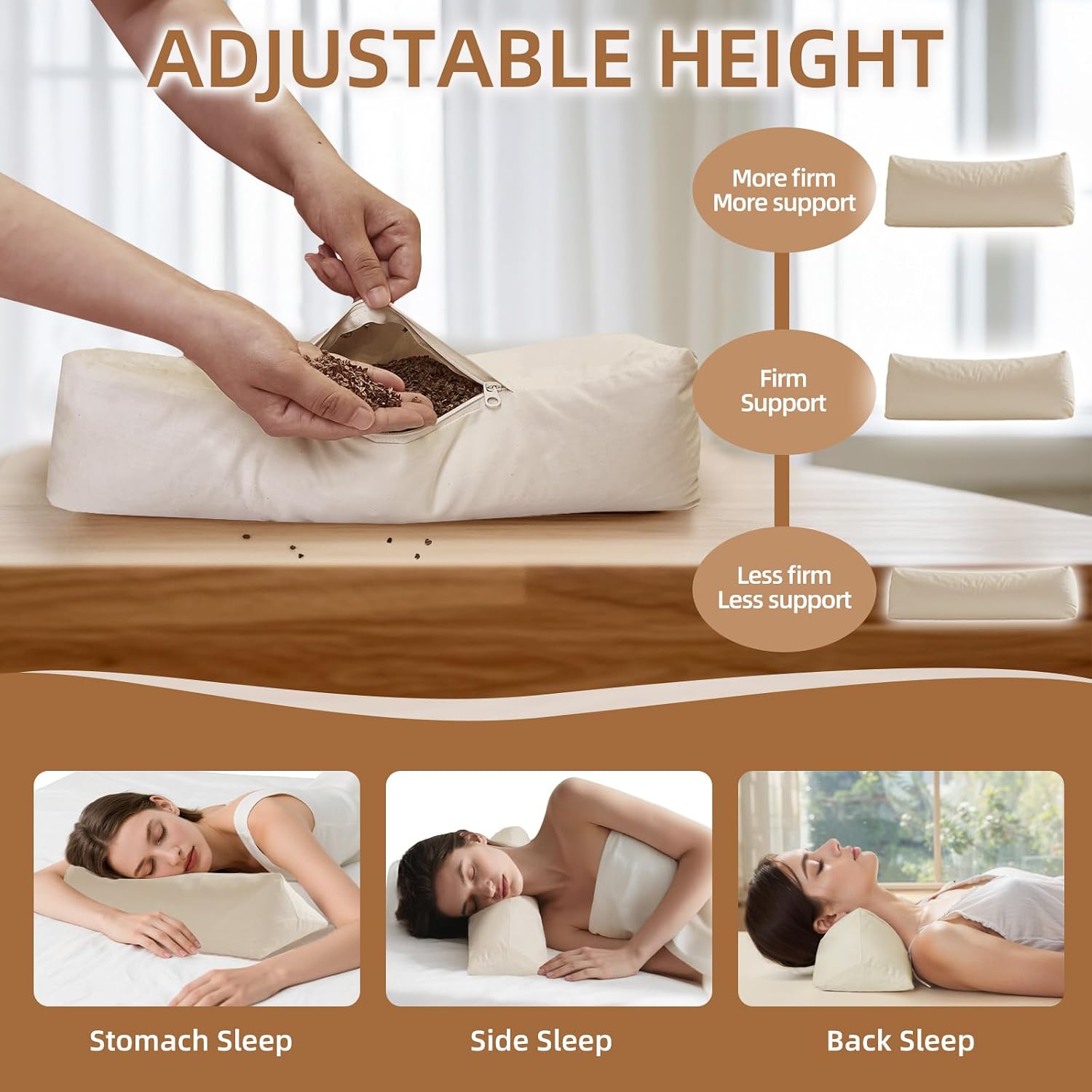Buckwheat Pillow - Adjustable Buckwheat Neck Pillow(17x6) to Provide Firm Support, Neck Roll Pillow for Side and Back Sleepers, Bolster…