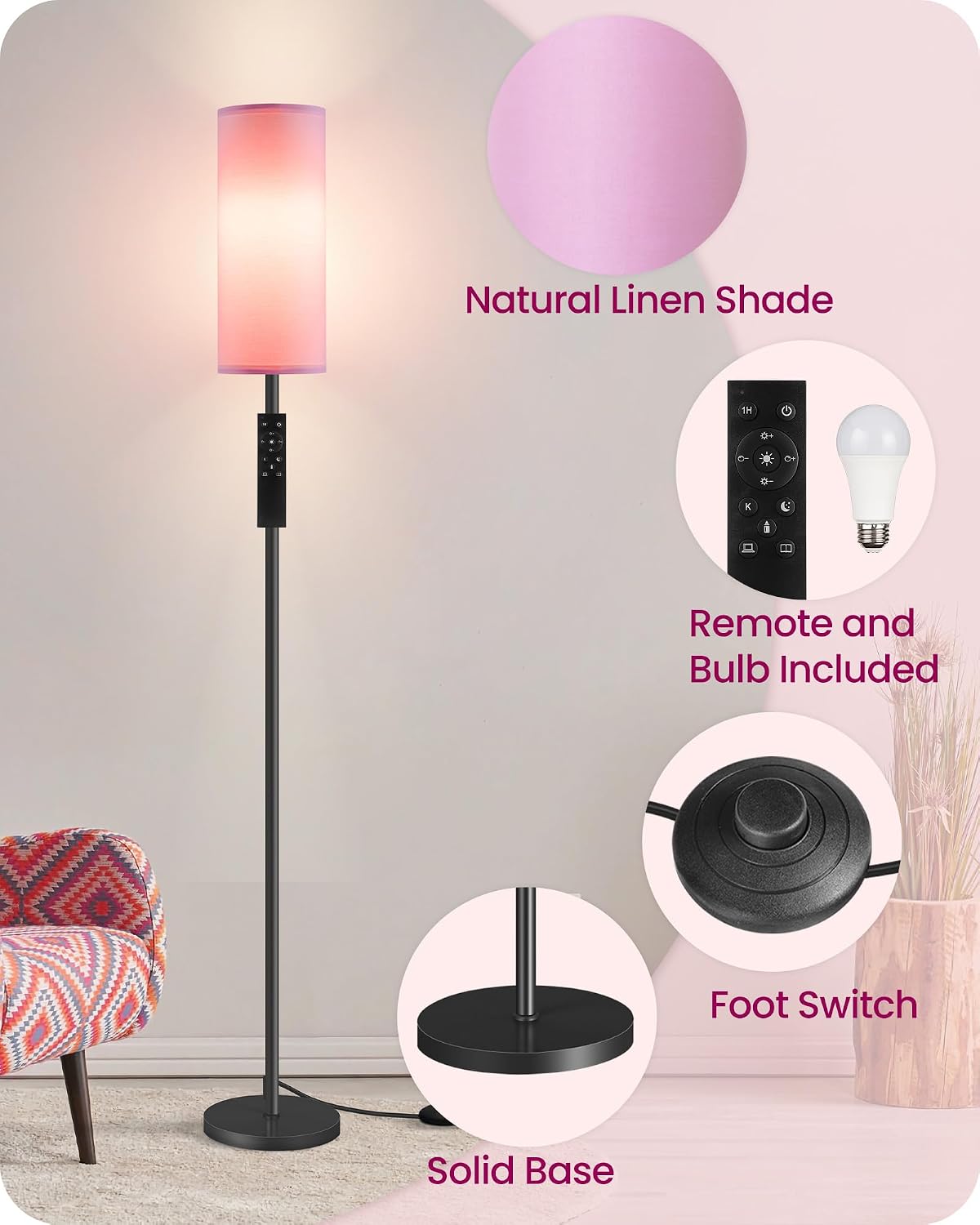 2 Pack Dimmable Pink Floor Lamps for Living Room with 2 Remotes and Foot Switch, Corner Floor Lamp, 64.4'' Standing Tall Lamp, 10W 900LM…