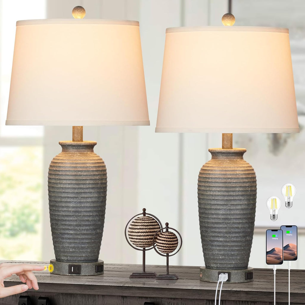 CINSARY 25" Farmhouse Jar Table Lamps Set of 2, 3 Way Touch Control Rustic Bedside Lamps with USB A+C Ports & AC Outlet, Pot Nightstand…