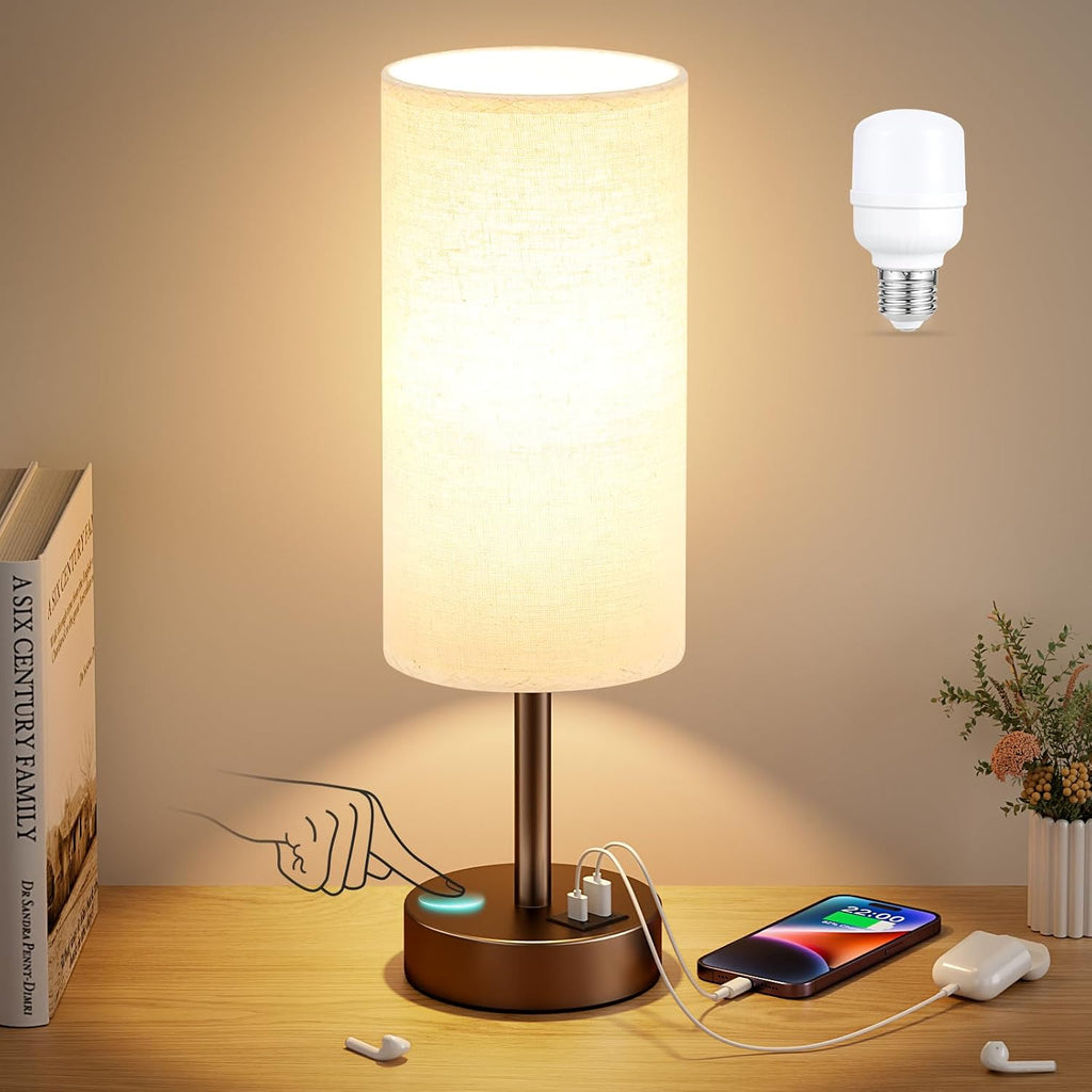 Dicoool Beige Touch Table Lamp for Bedroom - 3 Way Dimmable Bedside Lamp with USB, Nightstand Lamp with Brown Charging Station for Desk…