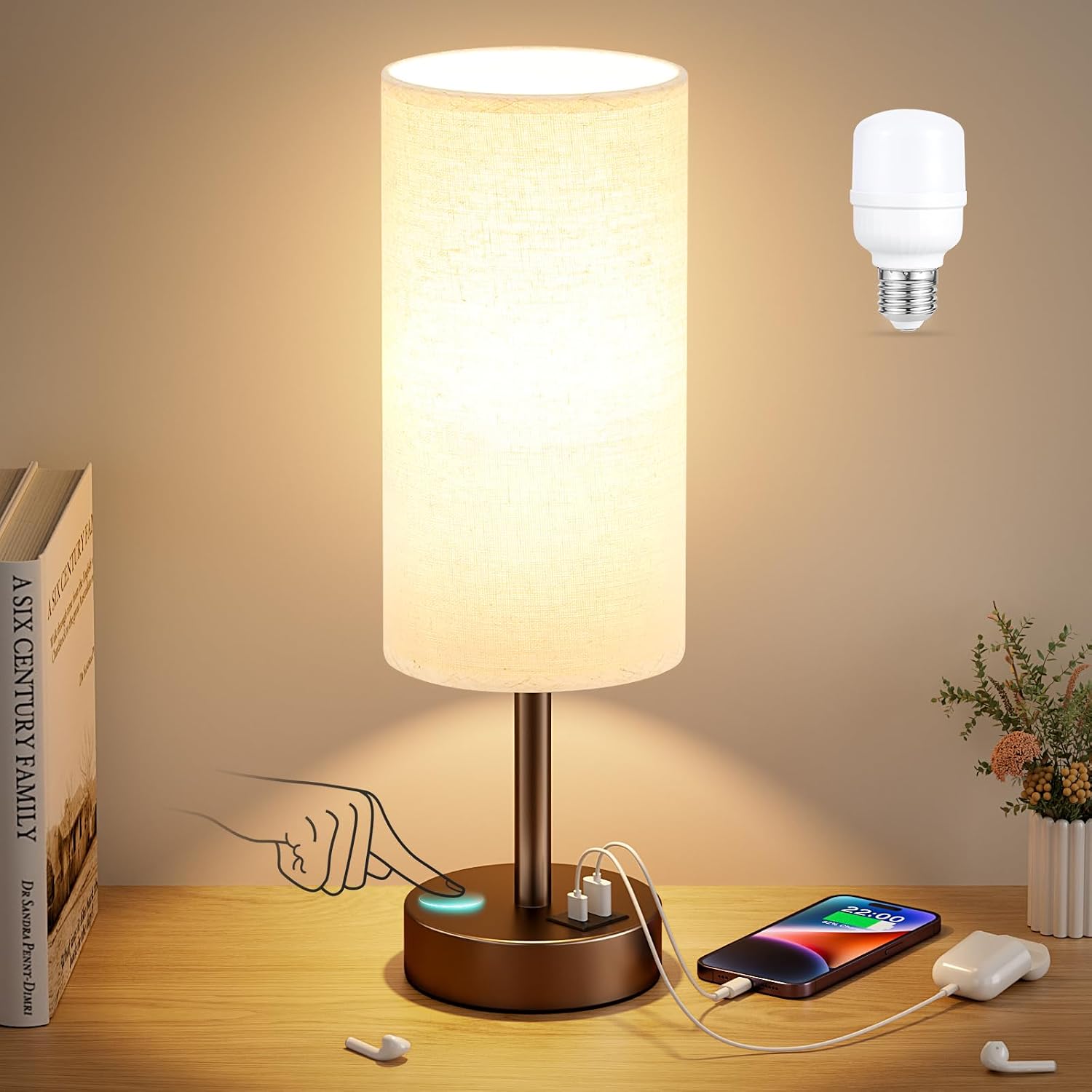 Dicoool Beige Touch Table Lamp for Bedroom - 3 Way Dimmable Bedside Lamp with USB, Nightstand Lamp with Brown Charging Station for Desk…