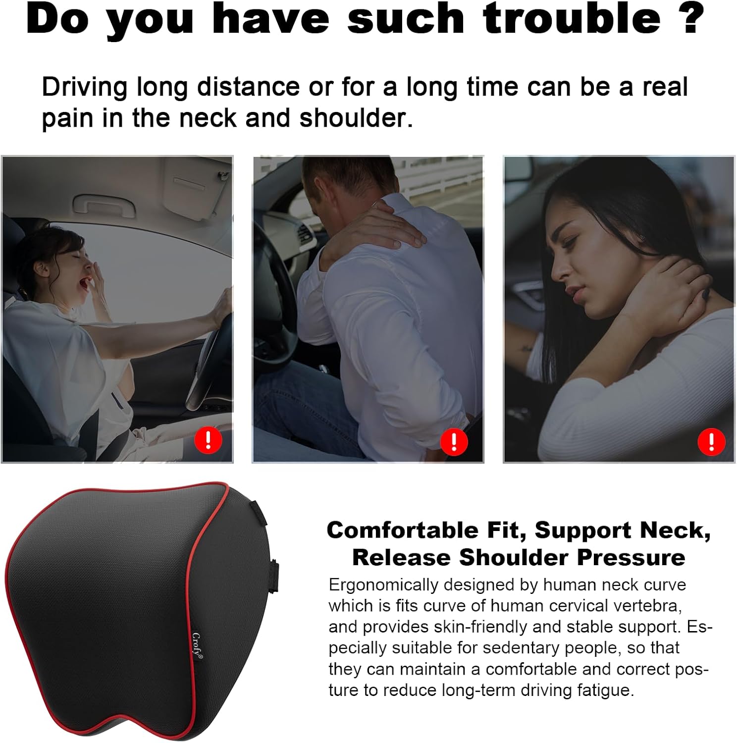 CrofyLLC Crofy 2 Pack Car Neck Pillow, Softness Car Headrest Pillow for Driving with Adjustable Strap, 100% Memory Foam and Breathable Remo…