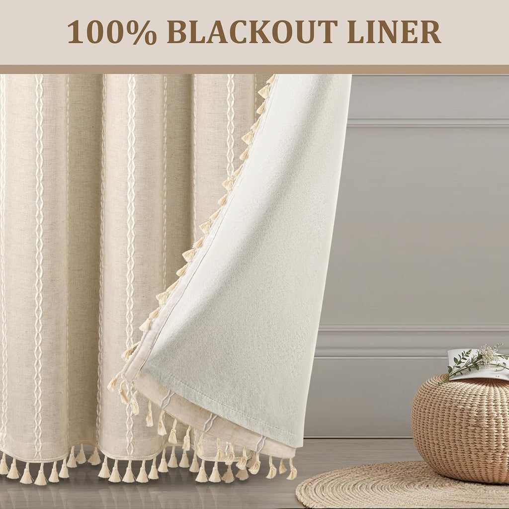 XOGUIBO Boho Blackout Curtains 96 Inches Long Beige Linen Blend 2 Panels with Tassels and Cotton Embroidery, Farmhouse Vintage Rusti…