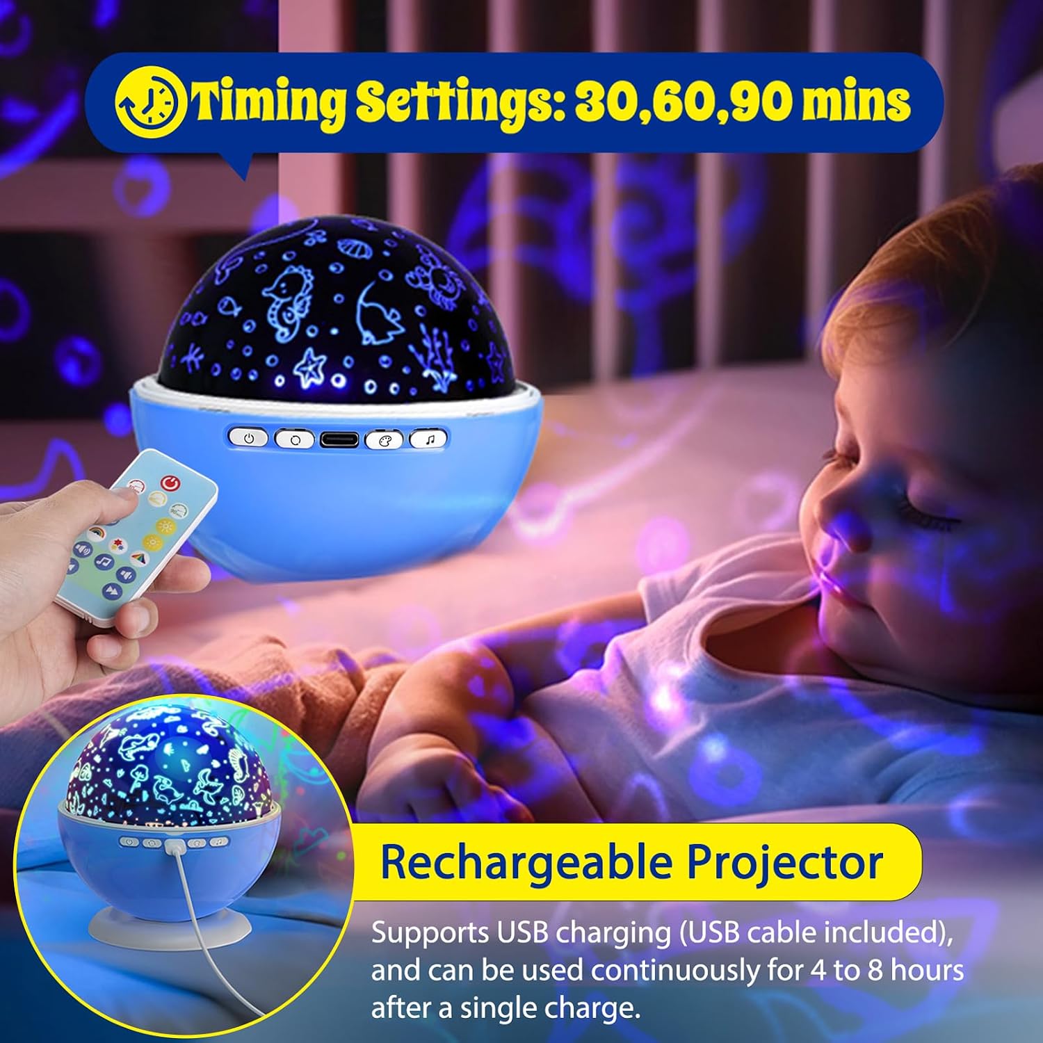 Night Light Projector for Kids Room with Remote and Timer, 360 Rotation, 3 Projection Films, 18 Light Modes, 8 Lullaby Songs, Kids Room…
