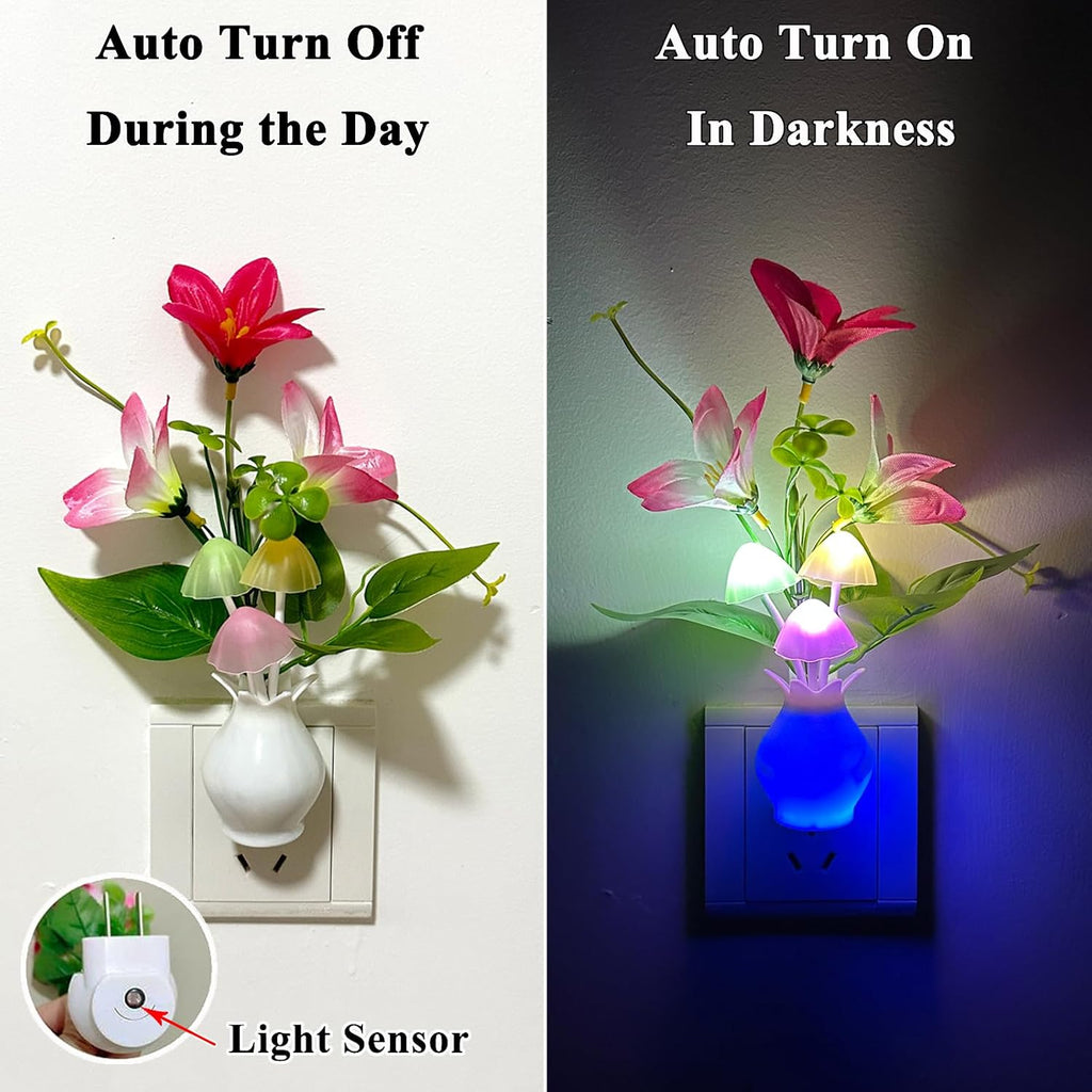 Plug-in Night Light with Auto Light Sensor, RGB LED Mushroom Night Light Wall Based Flower Lamp 1W Energy Efficient Nursery Nightlight…