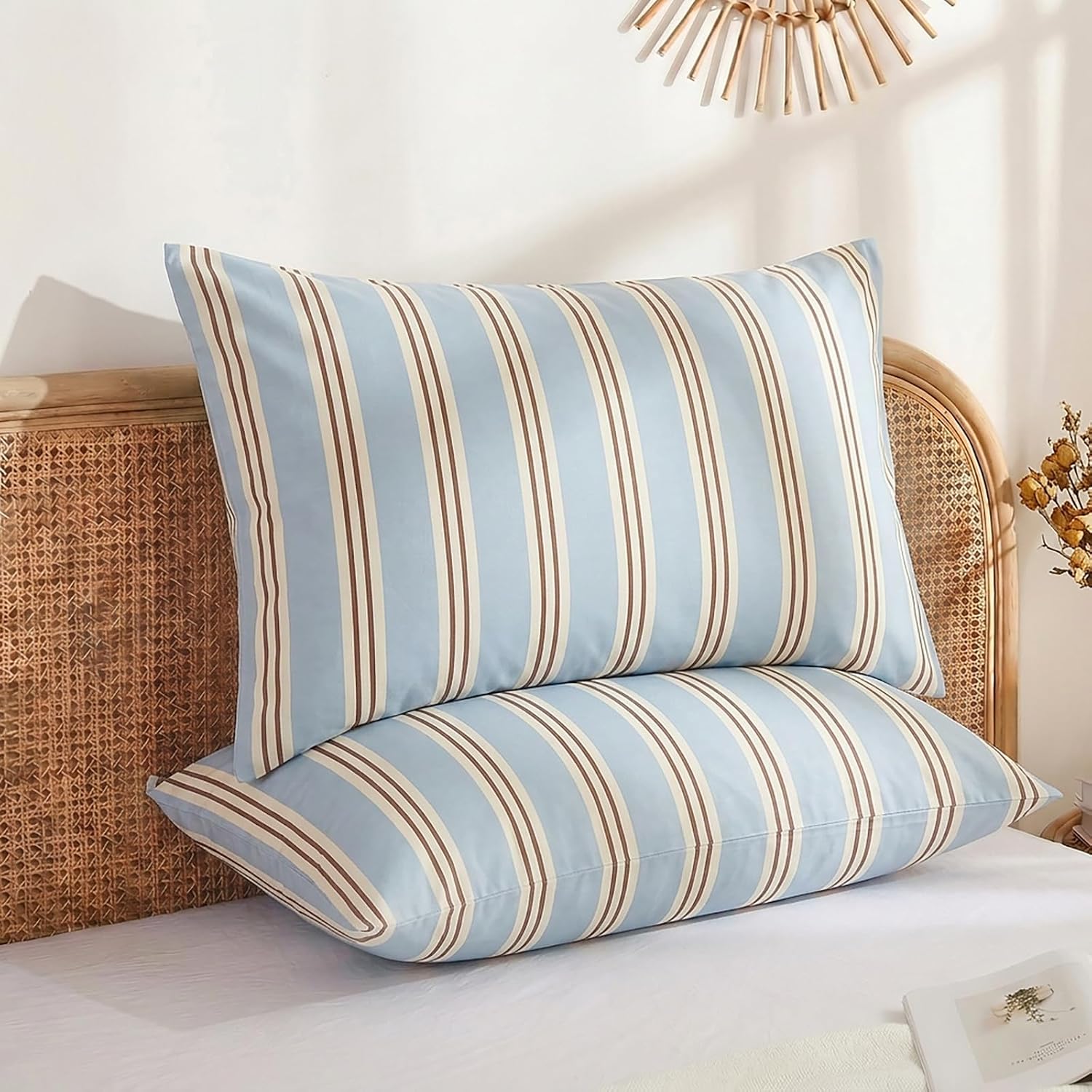 Merryword Queen Size Pillowcases, 100% Cotton Pillow Cases, Light Blue Striped Pillowcases, Soft Breathable Ribbon Stripe Pillow Covers, Se…