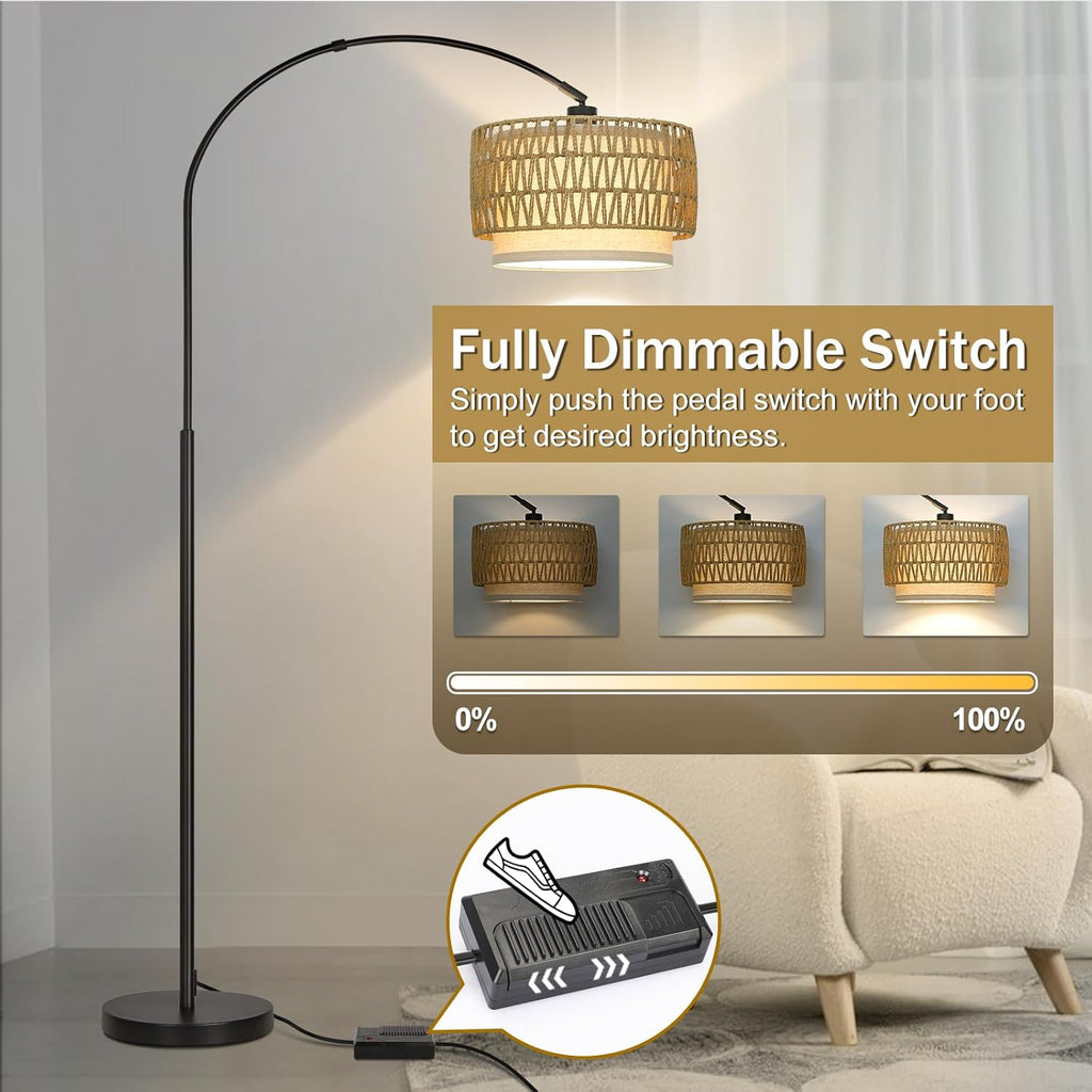 Rattan Floor Lamp, Dimmable Arc Floor Lamps for Living Room, Boho Farmhouse Standing Lamp with Adjustable Head, Tall Pole Lamp Reading…