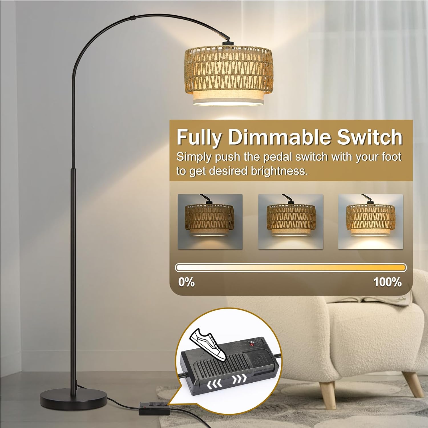Rattan Floor Lamp, Dimmable Arc Floor Lamps for Living Room, Boho Farmhouse Standing Lamp with Adjustable Head, Tall Pole Lamp Reading…