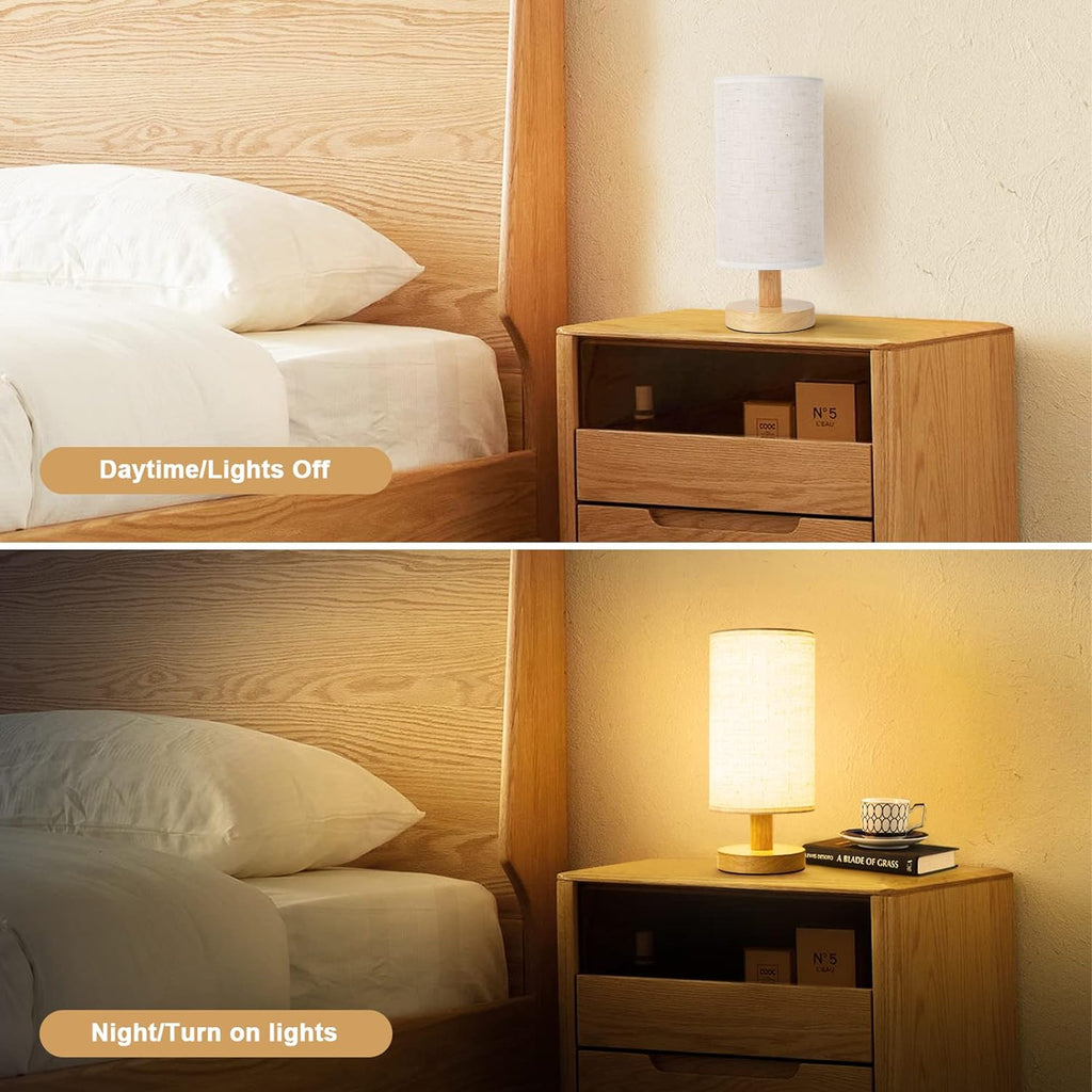 Small Bedside Table Lamp for Bedroom, Minimalist Wood Base & Round Fabric Shade, Mini Cute Cozy Warm White Nightstand Boho Lamp, Study…