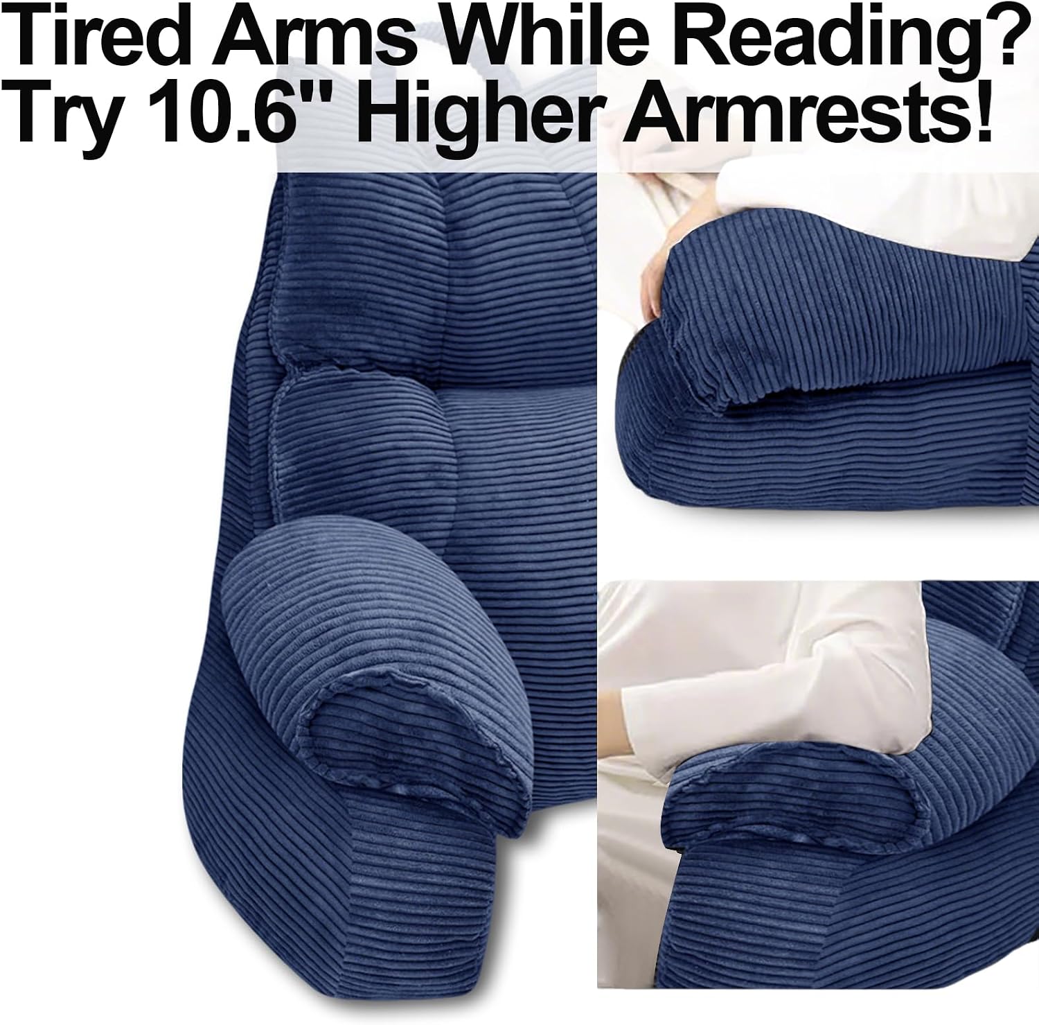 RRPAHWTV Reading Pillow for Bed with High Arm Rests, Back Support Pillow for Sitting Up in Bed with Shredded Memory Foam for Reading, TV…