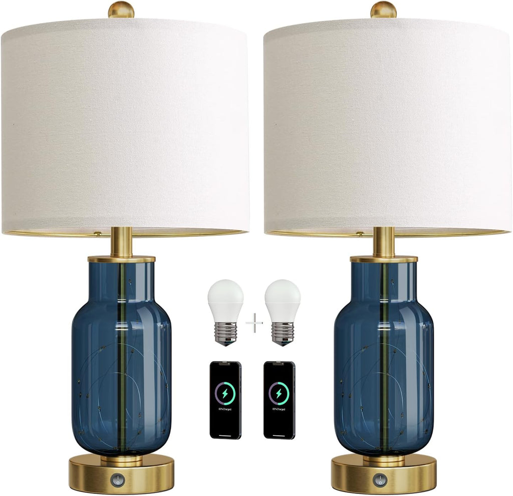 Oneach 22" Glass Table Lamps Set of 2, Blue Modern Bedside Lamp with LED Night Light for Living Room, Nightstand Lamp with USB Ports for Be…