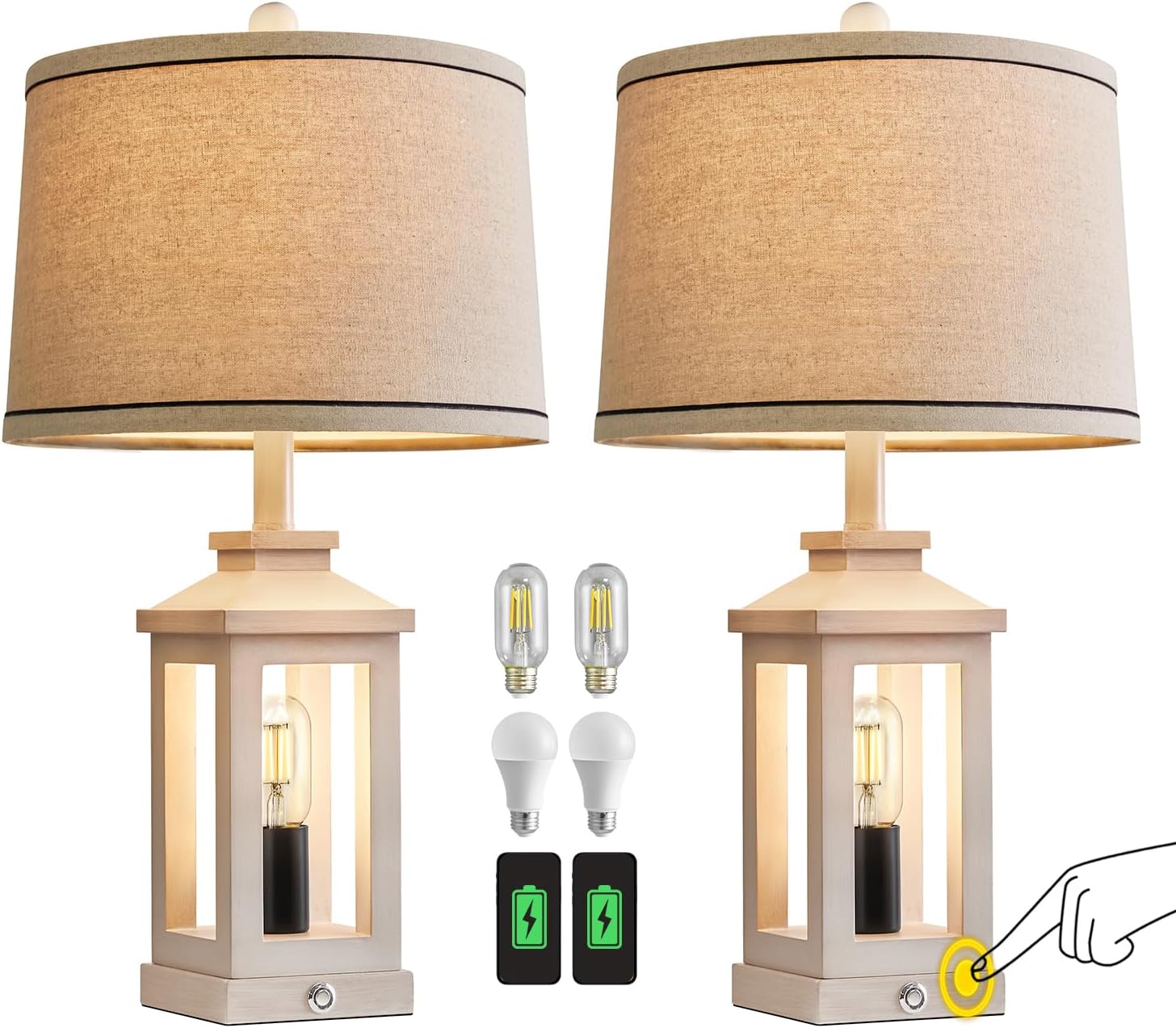 G-SAFAVA 23.75" Retro Farmhouse USB C+A Ports Table Lamp Set of 2 with 3 Way Dimmable Touch Control White Nightlight Vintage Modern Lamp…