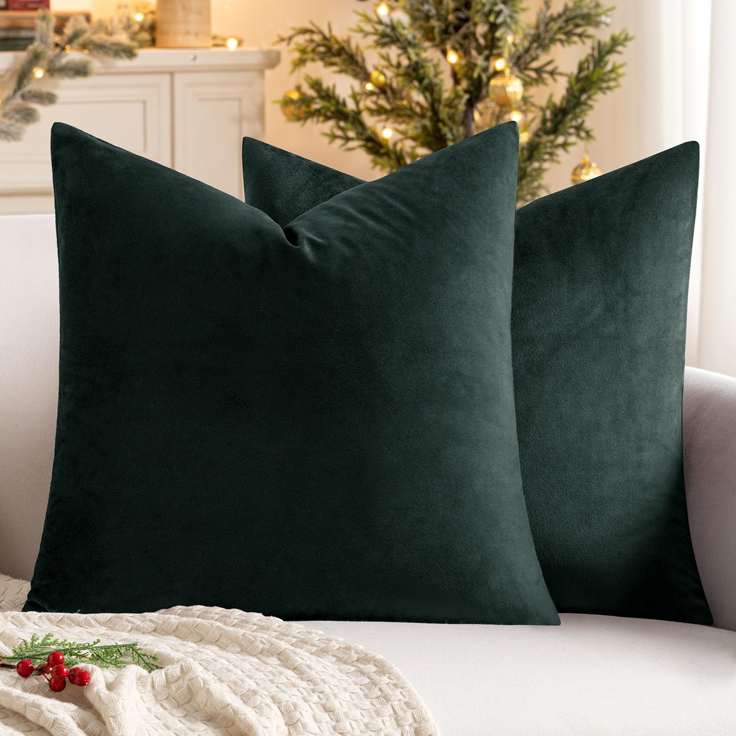 MIULEE Pack of 2 Velvet Soft Solid Decorative Square Throw Pillow Covers Cushion Case for Sofa Bedroom Couch, 20x20 Inch Army Green