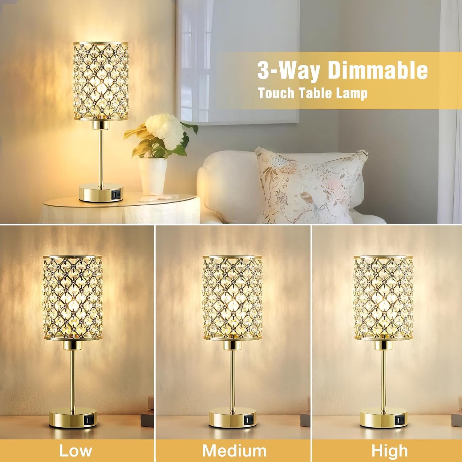GyroVu Crystal Table Lamp, Gold Touch Lamp for Nightstand with USB C+A Ports, Dimmable Lamp with Crystal Shade, Bedside Lamp Small Lamp…