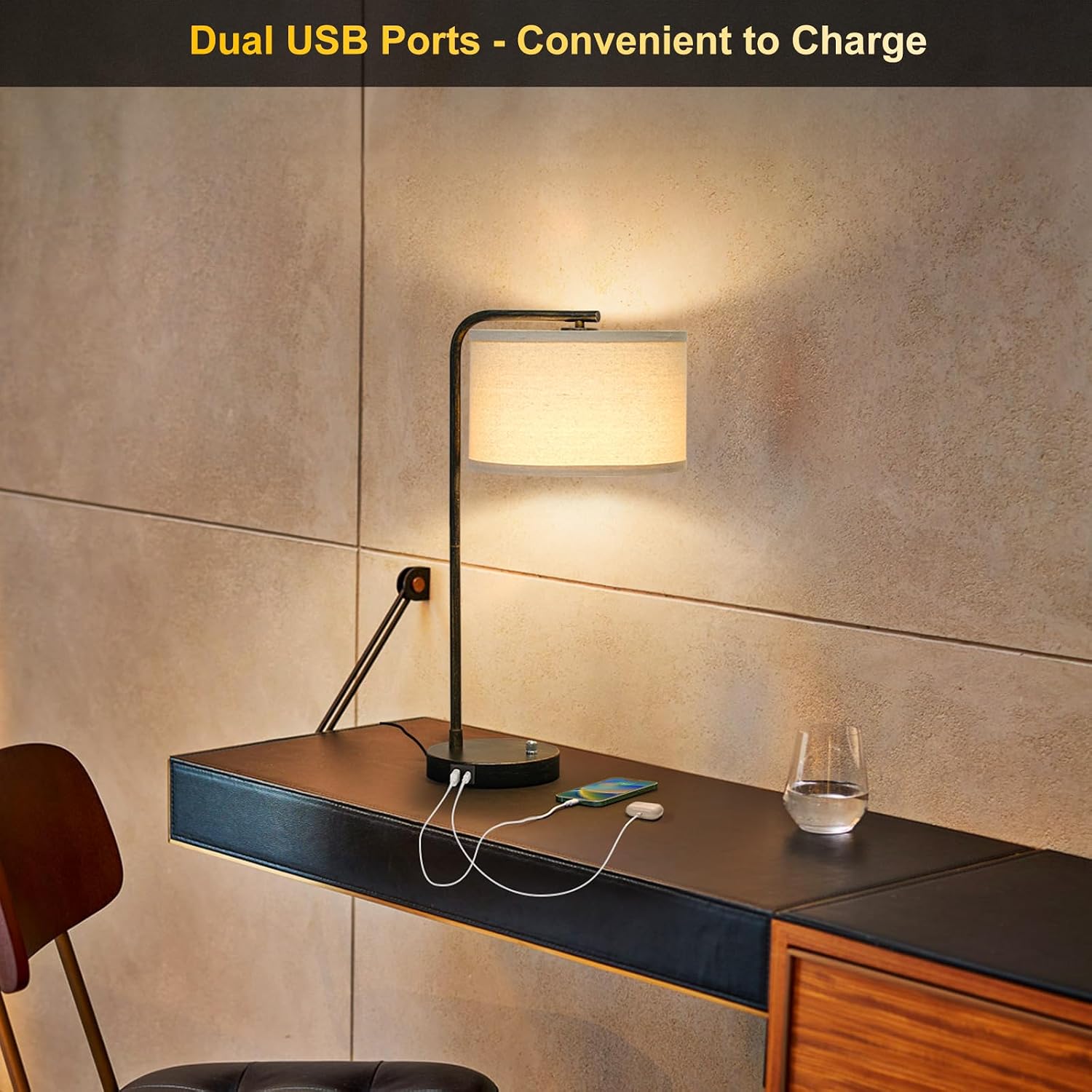 Seaside village Bedside Table Lamp with USB C+A Charging Ports, Fully Dimmable Industrial Tall Nightstand Reading Desk Lamp for Bedroom…