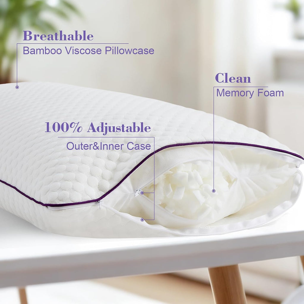 Homelab Cooling Adjustable Body Pillow (20x54) with White Bamboo Viscose Pillowcase Bundle, Full Body Support for Side Sleepers, Back, Hip…