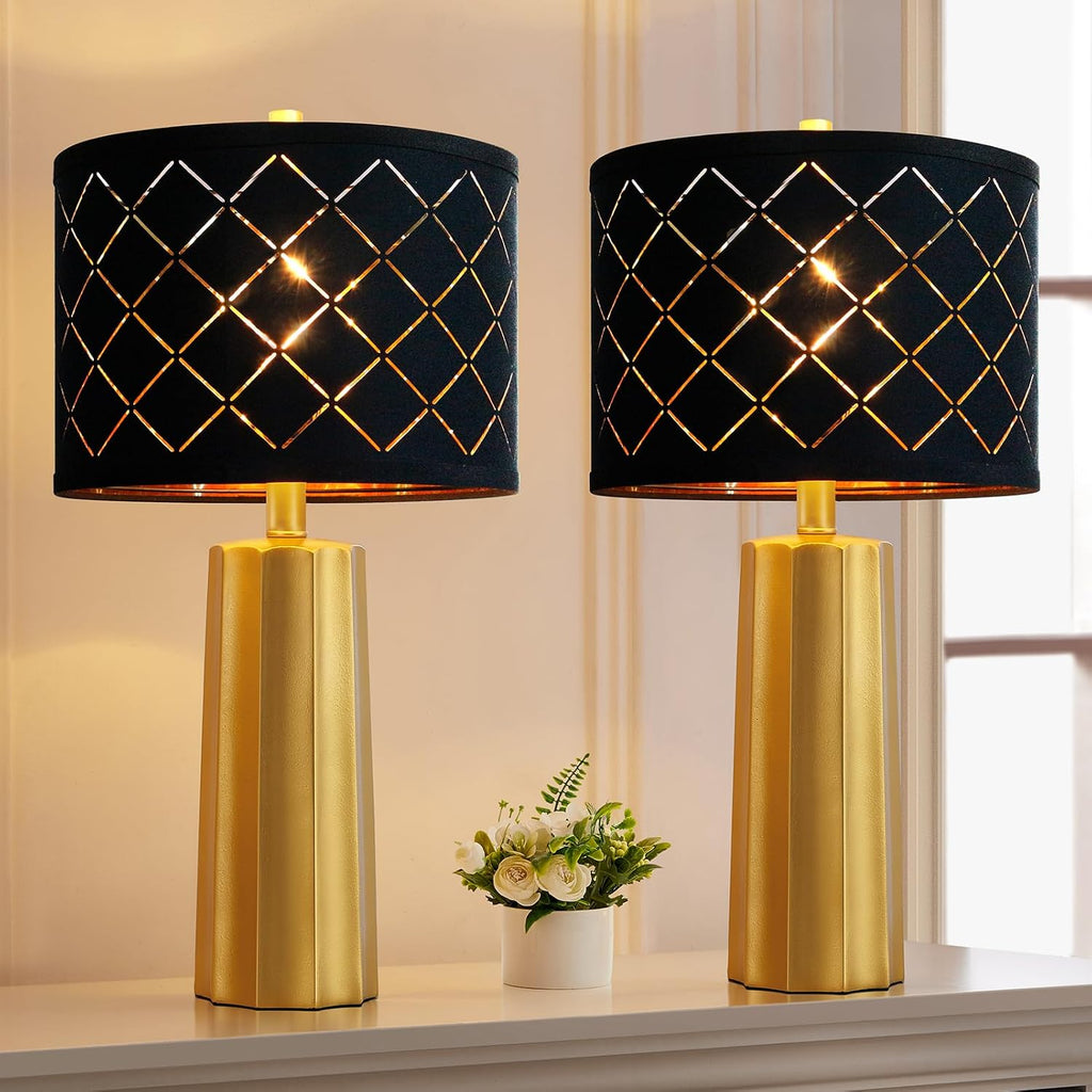 Set of 2 Modern Table Lamps for Living Room Bedroom, Gold Nightstand Resin Lamps with Black Grid Shade, Contemporary Desk Lamps for…