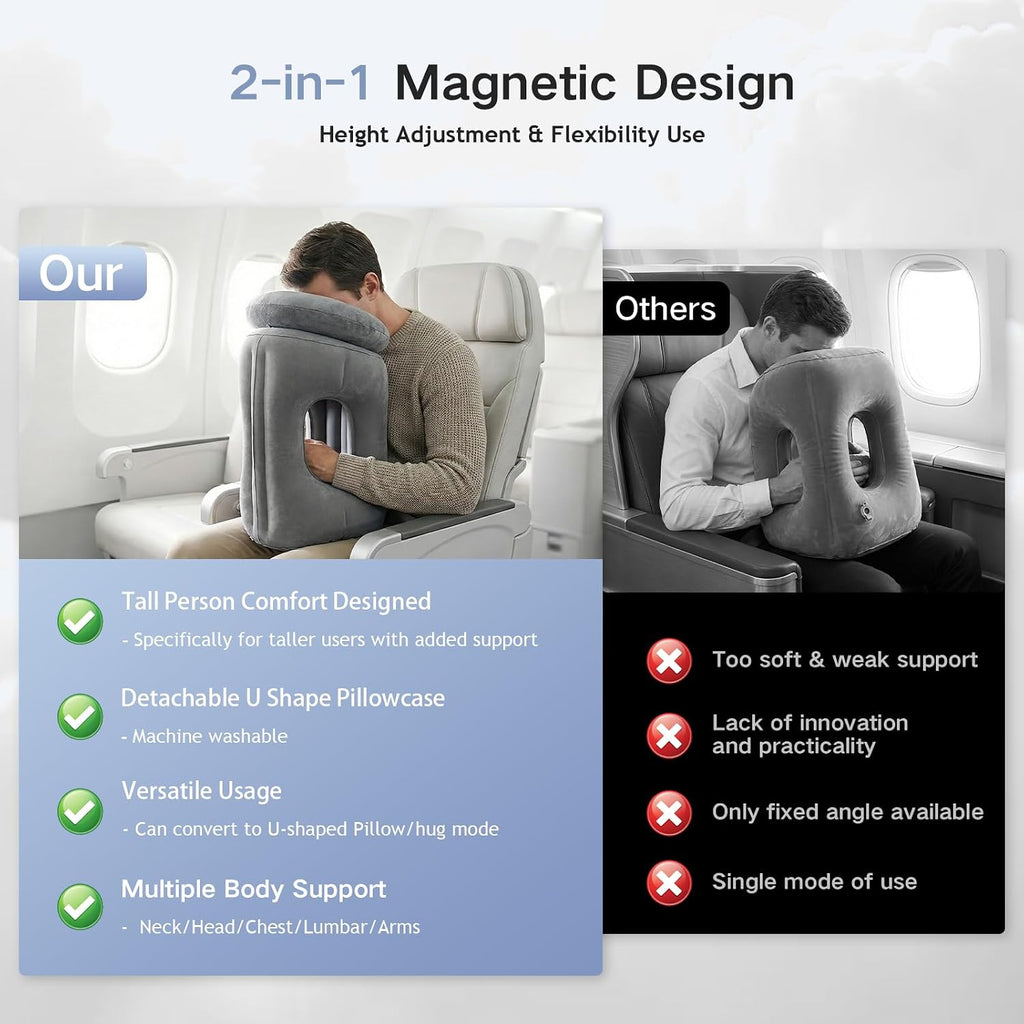 2-in-1 Magnetic Design Inflatable Travel Pillow, Ergonomic Neck Support Airplane Pillow for Flying, Compact Camping Pillow with Storage…