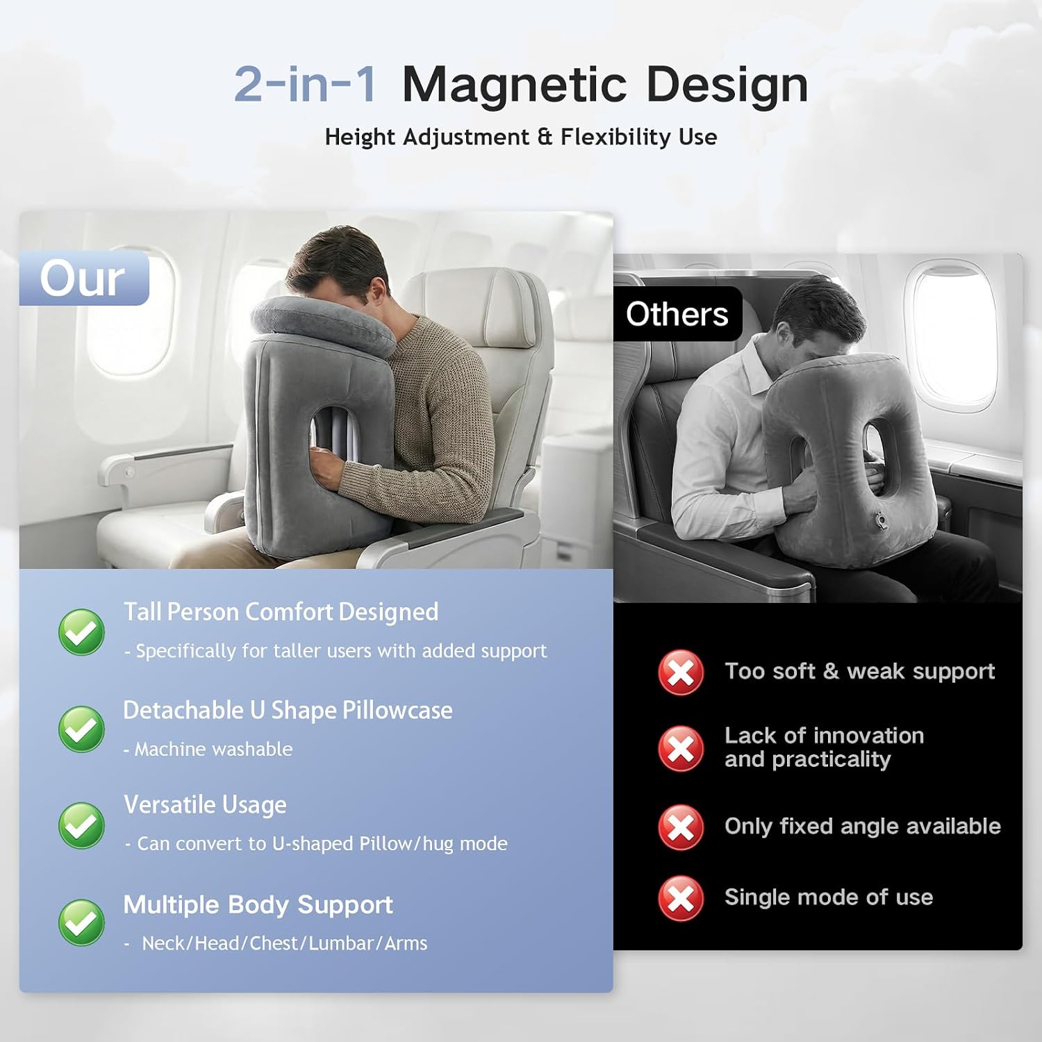 2-in-1 Magnetic Design Inflatable Travel Pillow, Ergonomic Neck Support Airplane Pillow for Flying, Compact Camping Pillow with Storage…